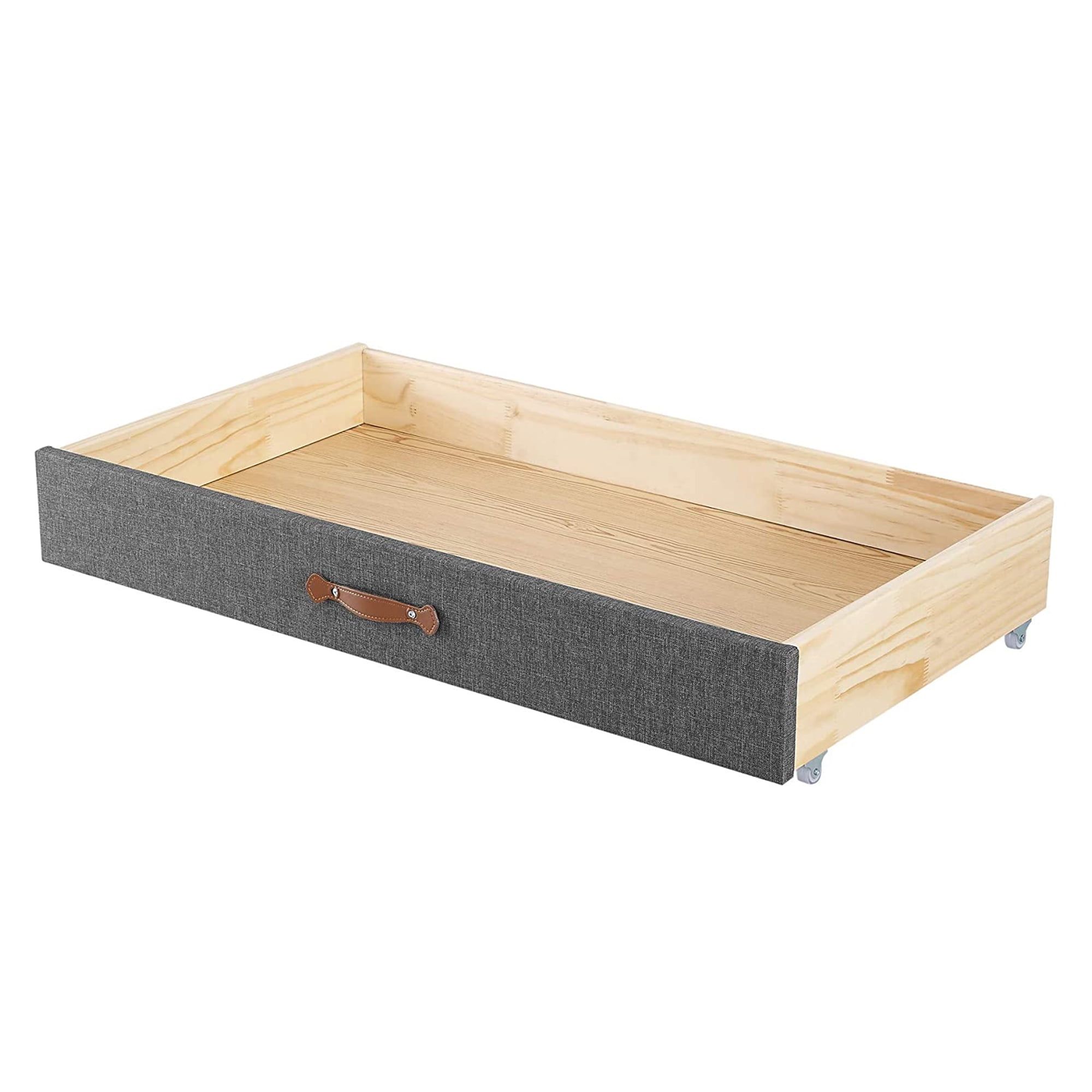 Gray Upholstered Pine Wood Underbed Storage Drawer with Leather Handle