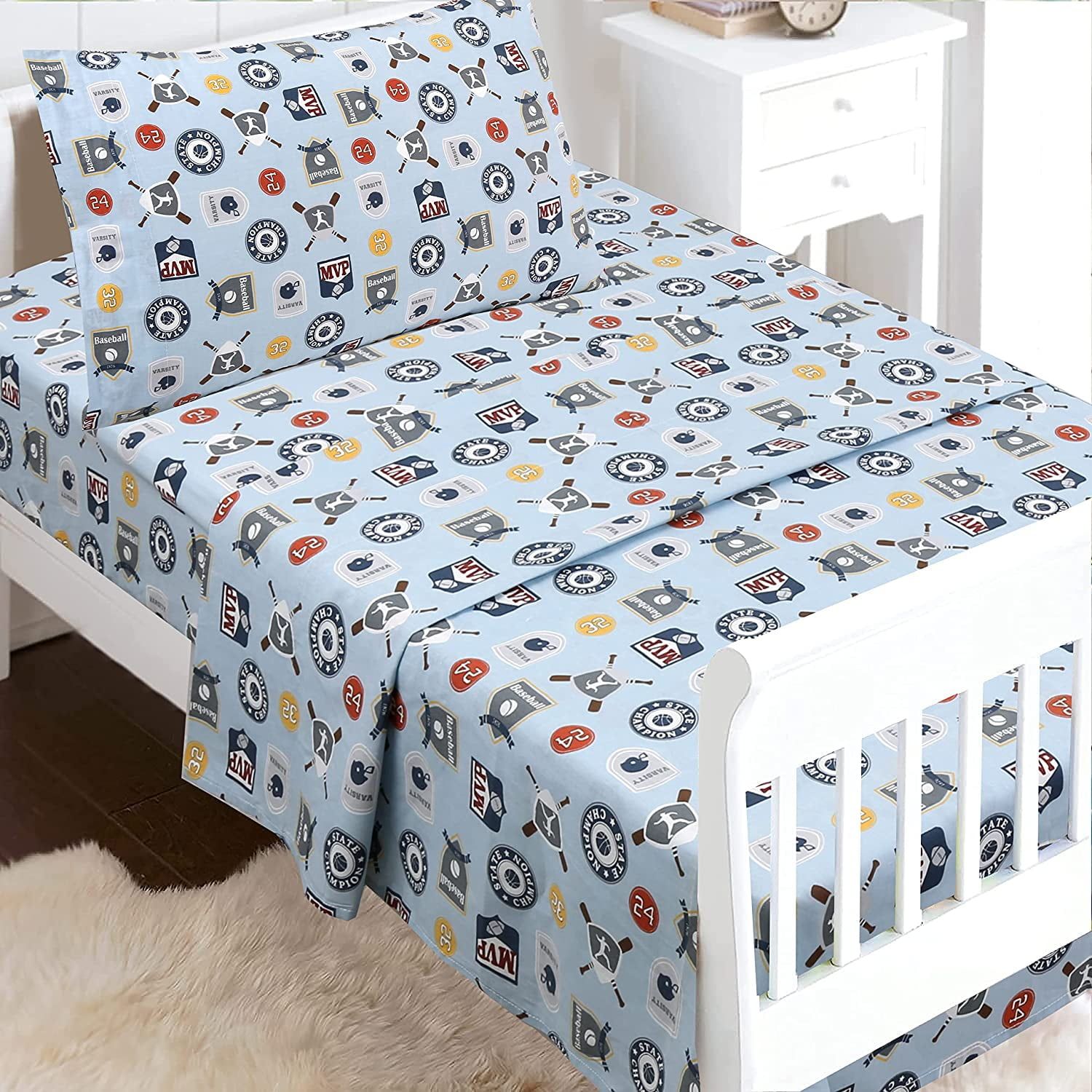Blue Cotton Toddler Boys' Sports Theme 3-Piece Sheet Set