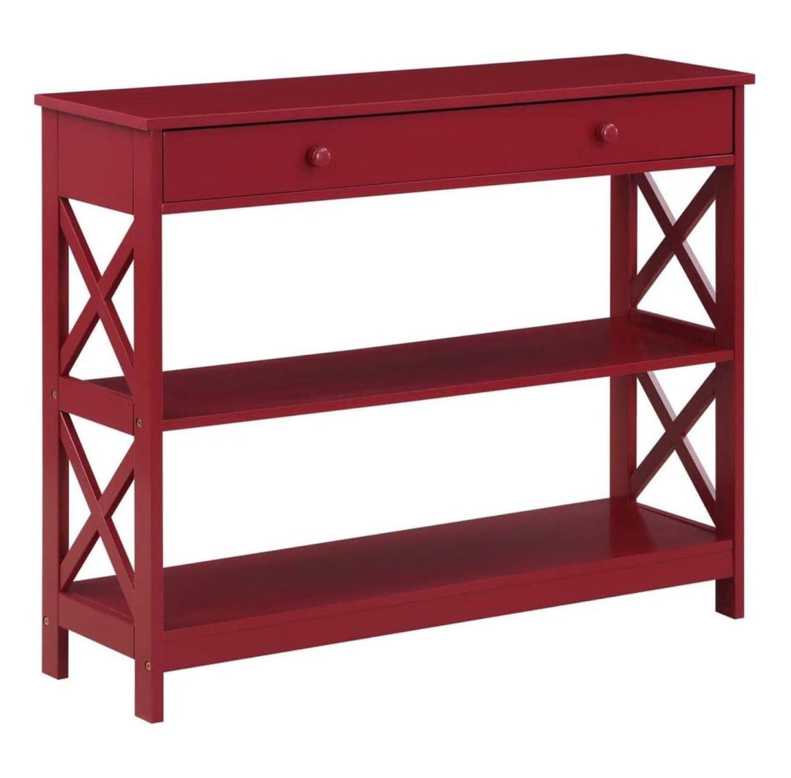 Cranberry Red Wood Console Table with Storage Shelves