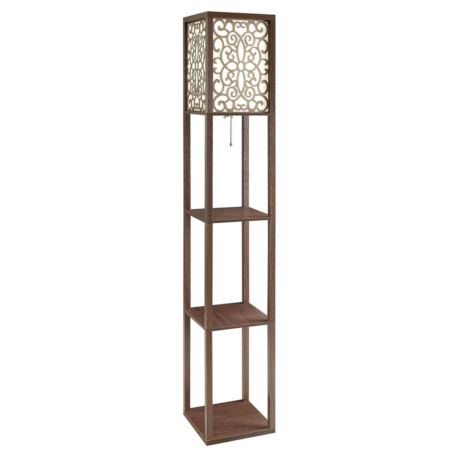 Transitional Cappuccino Floor Lamp with Tiered Shelves and Floral Shade