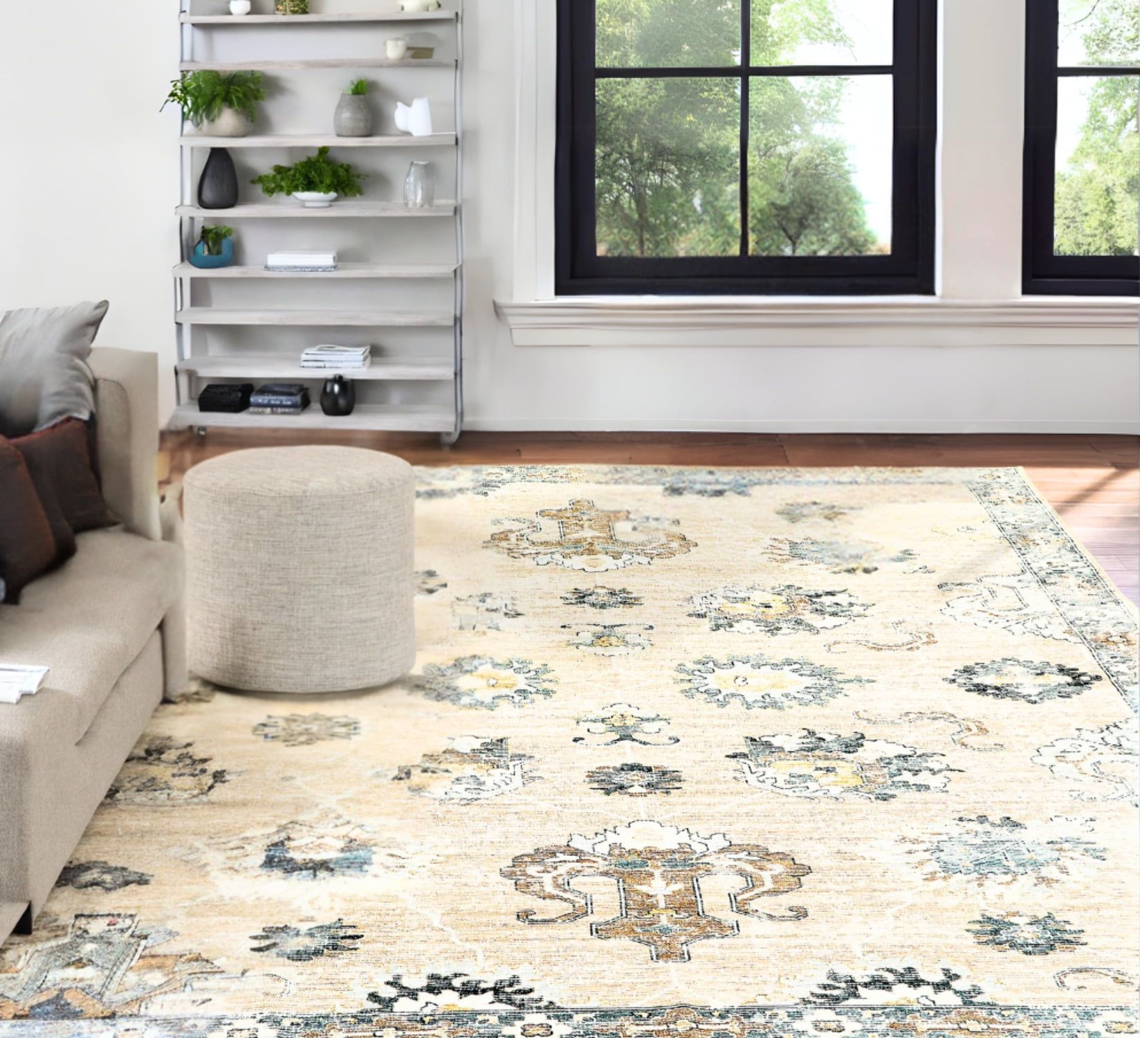 Blue and Beige 4' x 6' Washable Oriental Rug