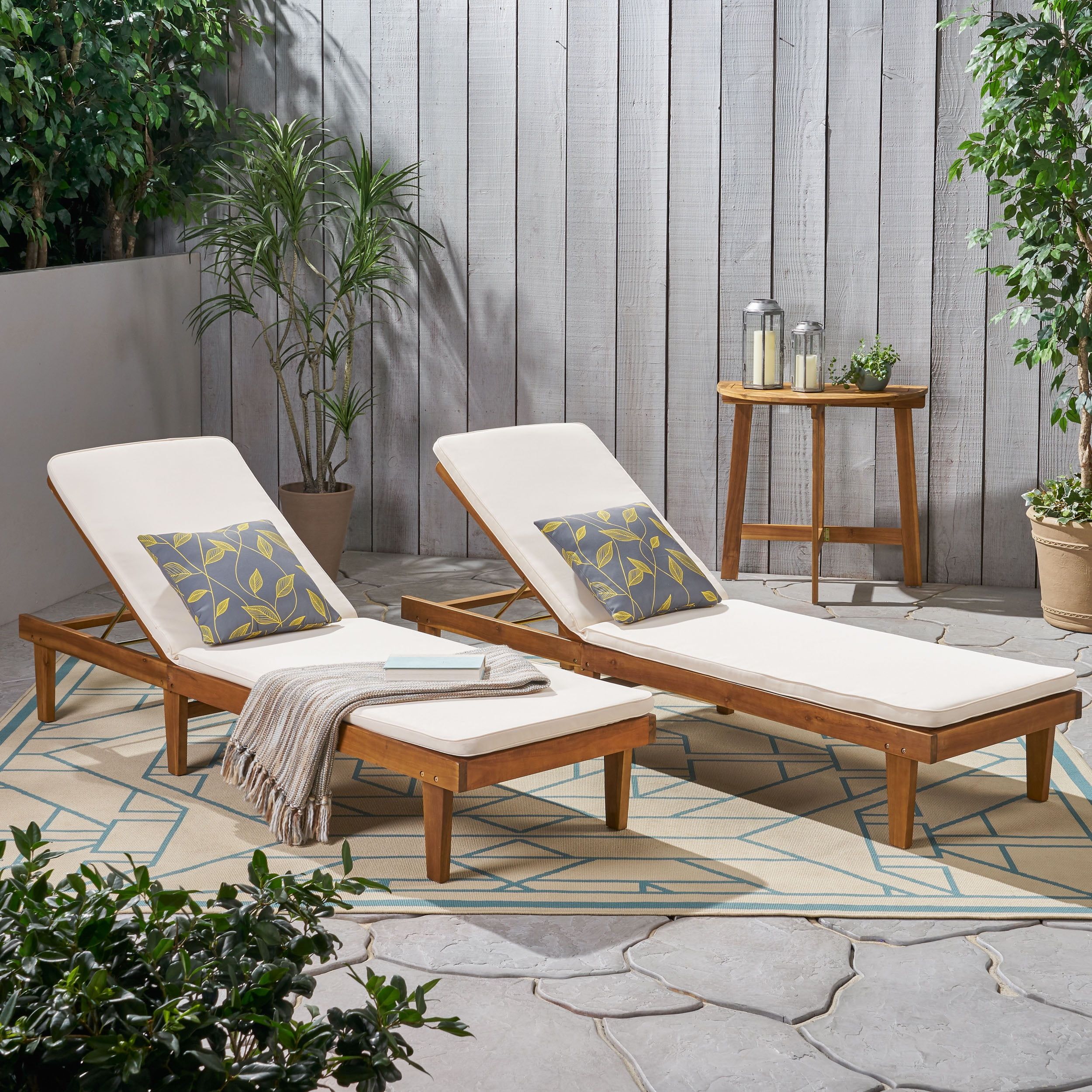 Teak and Cream Acacia Wood Chaise Lounge Set with Cushions