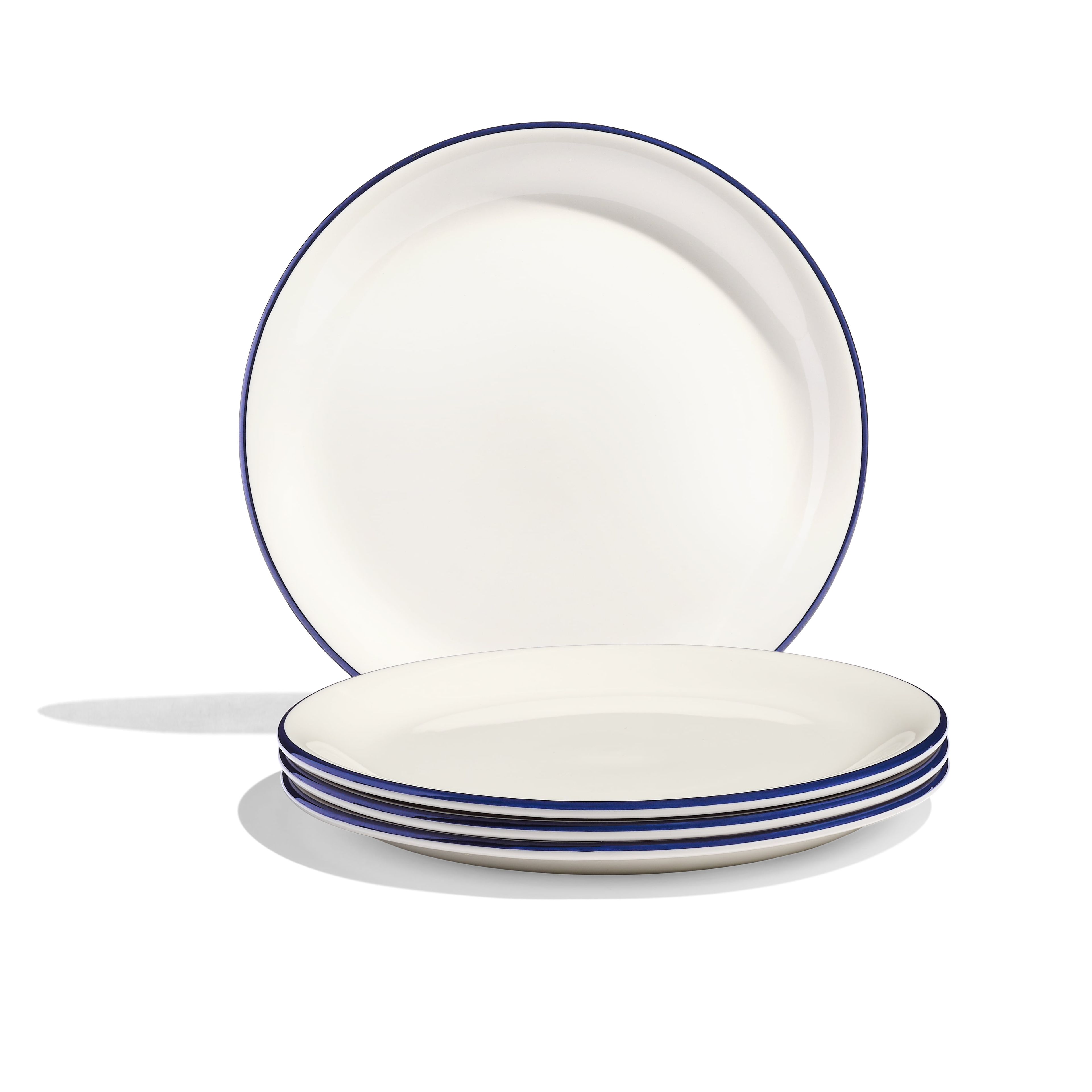 Set of 4 White Porcelain Appetizer Plates with Navy Rim