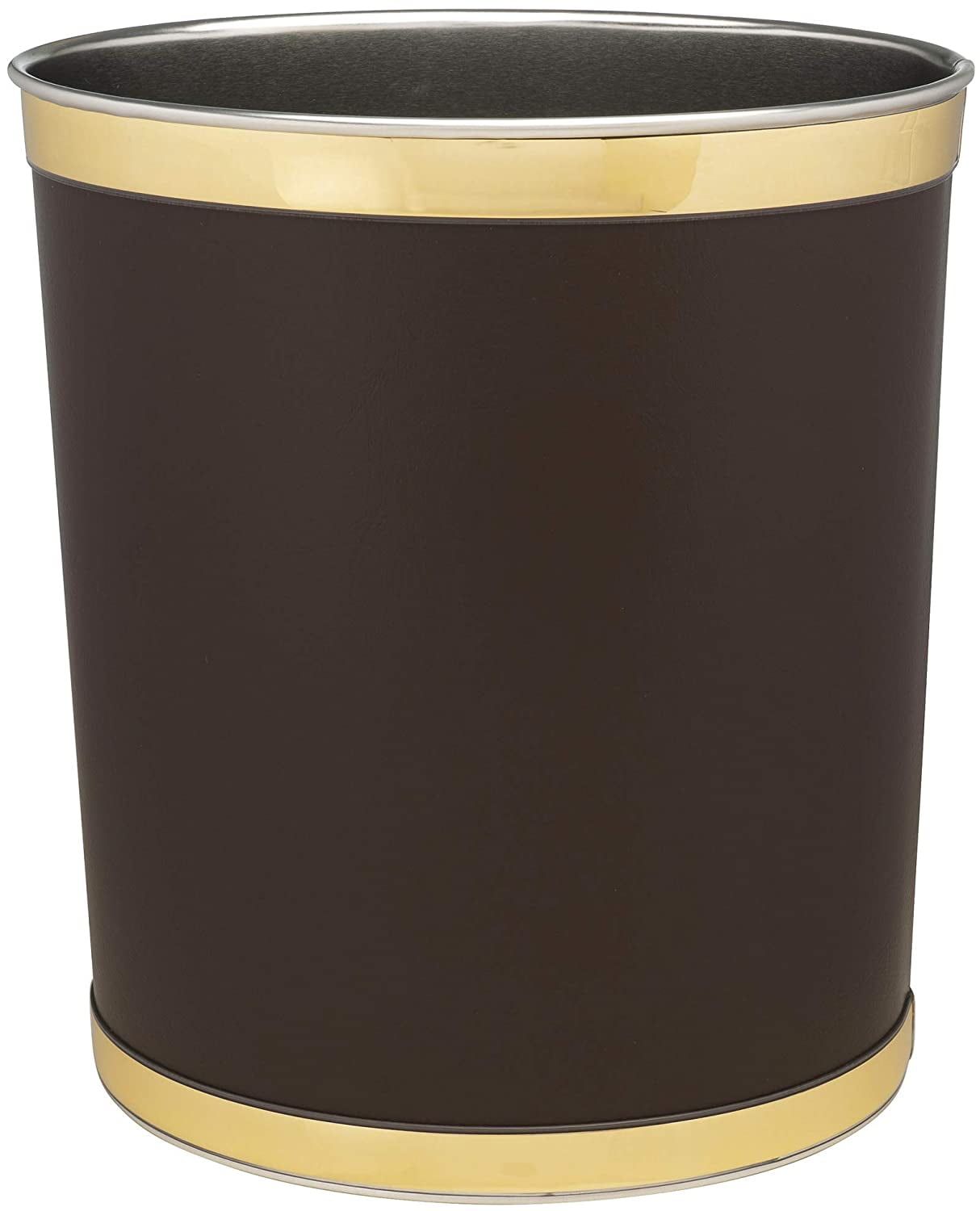 5-Gallon Faux Brown Leather Oval Wastebasket with Gold Accents