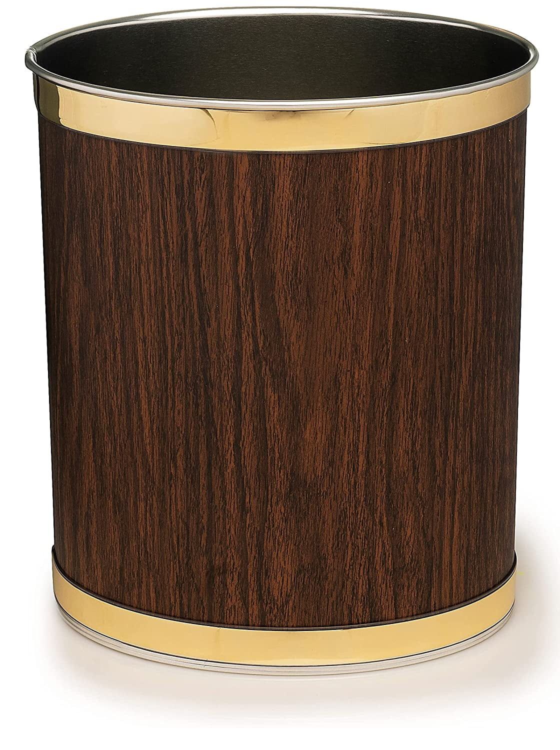 Walnut and Gold Trim Oval Vinyl Wastebasket