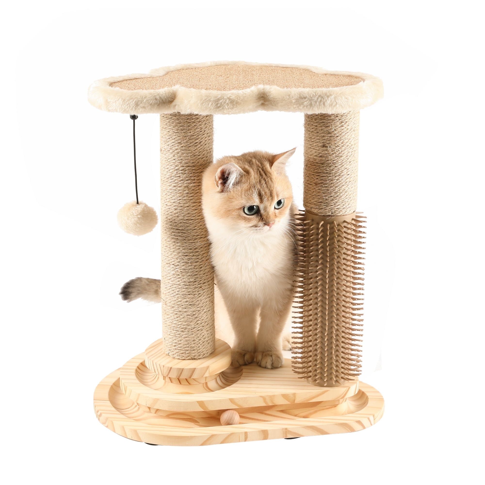 Beige Sisal Cat Scratching Post with Grooming and Play Features