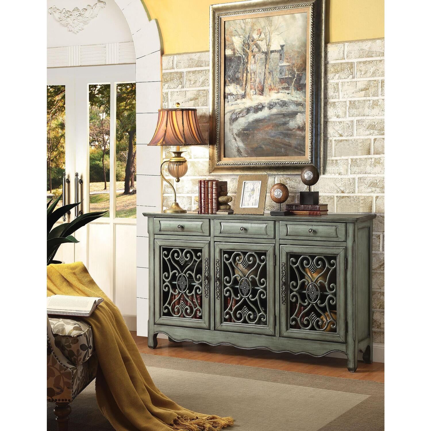 Madeline Antique Green 3-Door Accent Cabinet with Adjustable Shelving