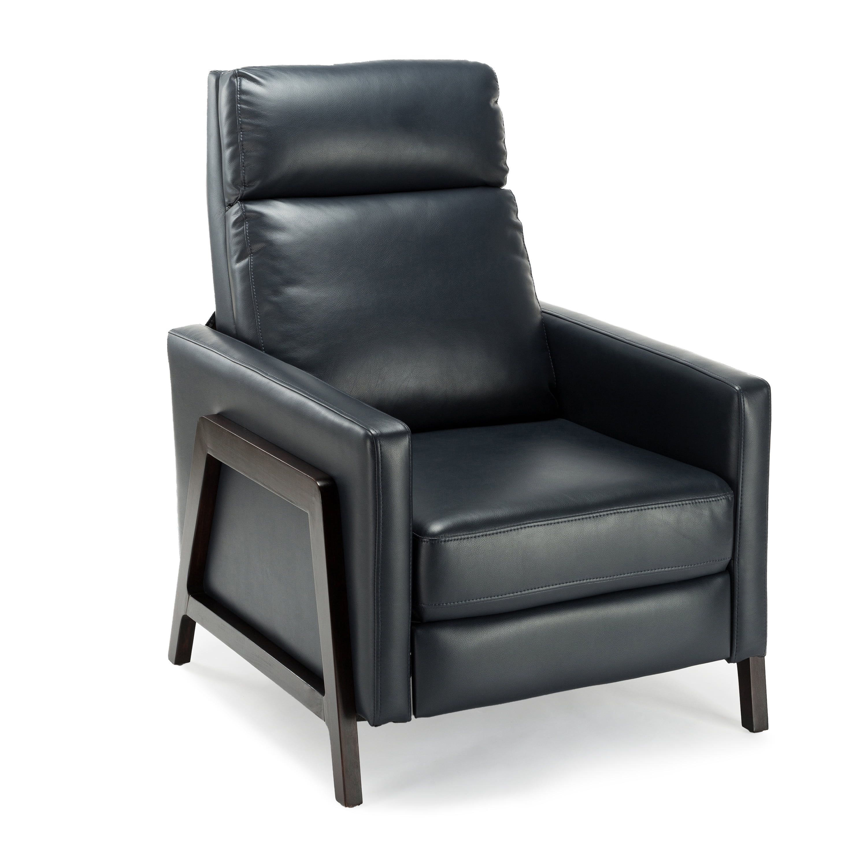 Madeline Dark Navy Leather Push Back Recliner with Wood Frame