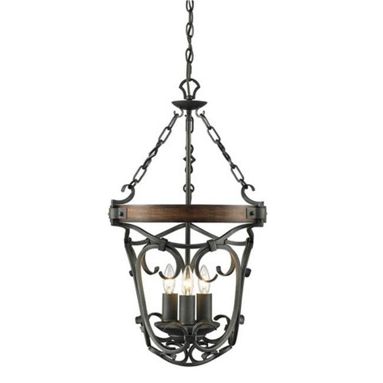 Madera Rustic Black Iron and Wood 3-Light Pendant