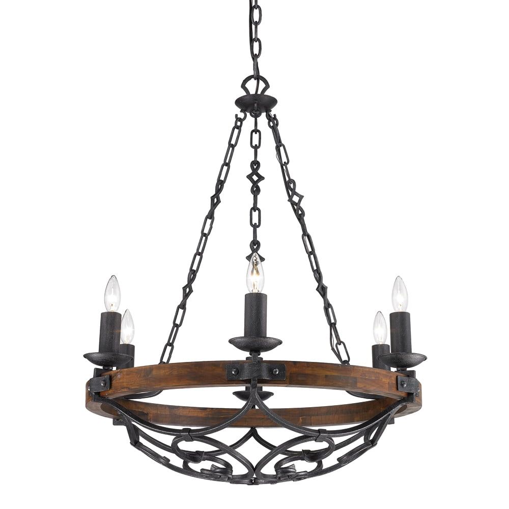 Rustic Madera Black Iron 6-Light Chandelier with Solid Wood Accents