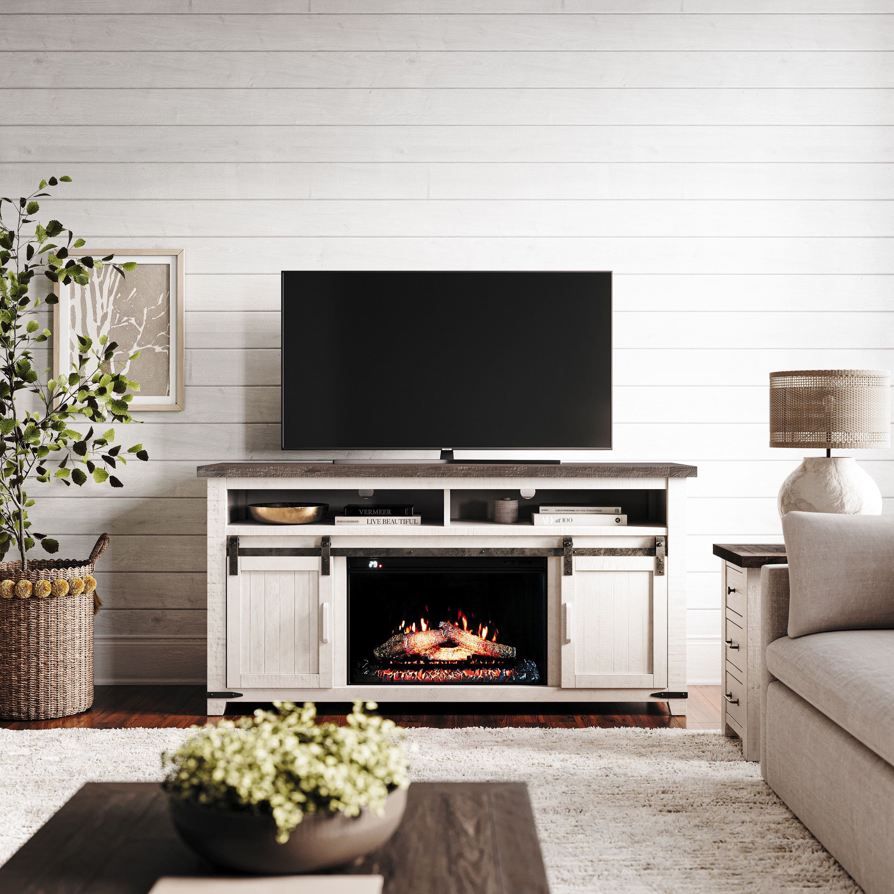 Madison County White Pine 64" TV Stand with Electric Fireplace