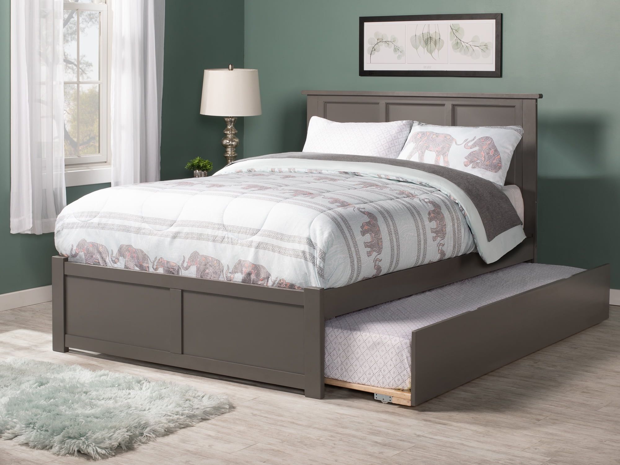 Grey Full Platform Bed with Wood Headboard and Trundle