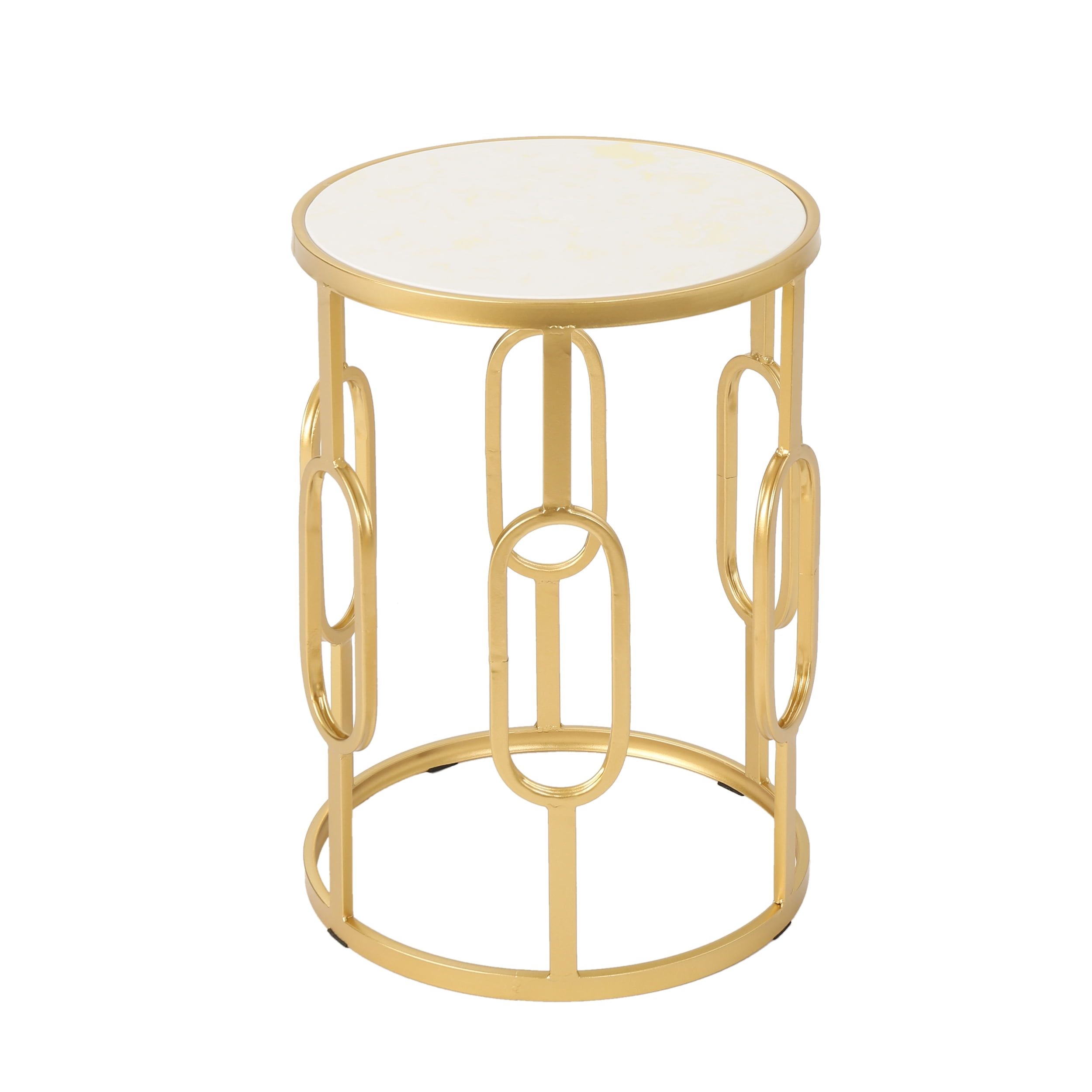 Glamorous Round Faux Stone Side Table with Gold Metal Frame