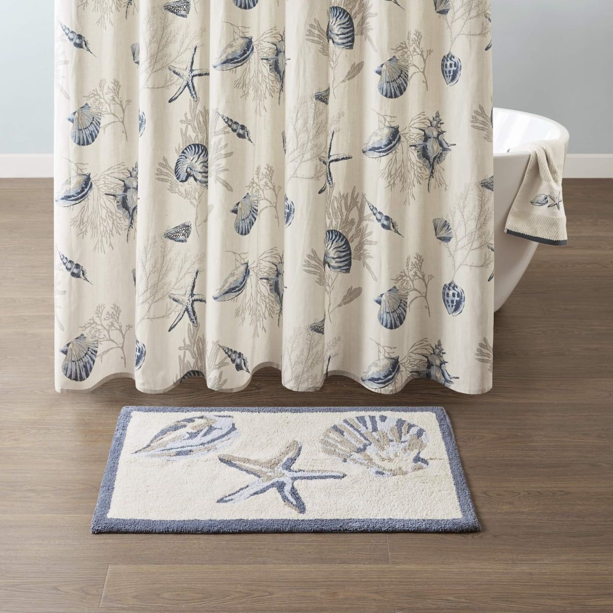 Nautical Blue and Taupe Cotton Tufted Shower Mat Set