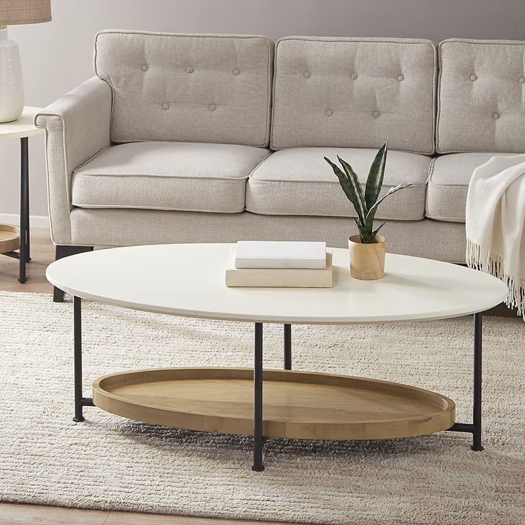 White and Natural Oval Wood Metal Coffee Table