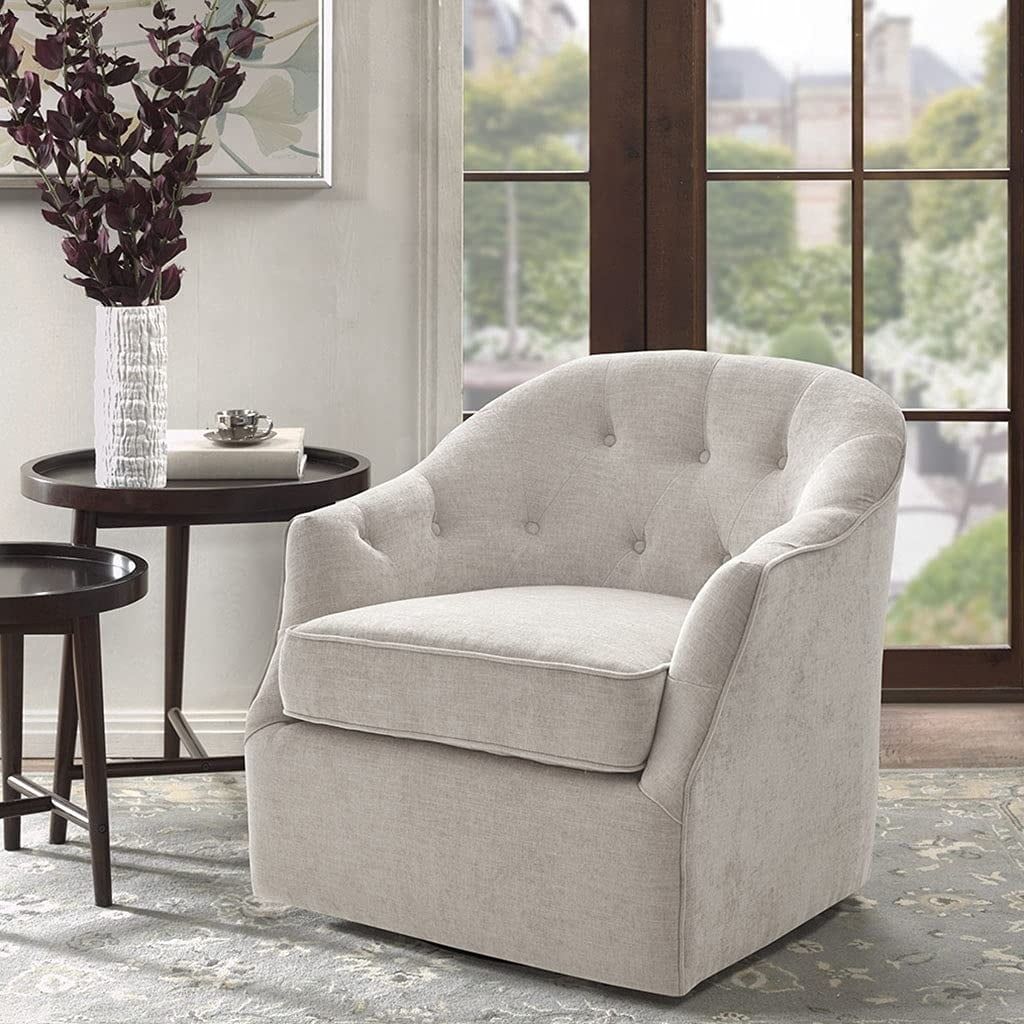 Calvin Natural Velvet Barrel Swivel Chair with Wood Accents