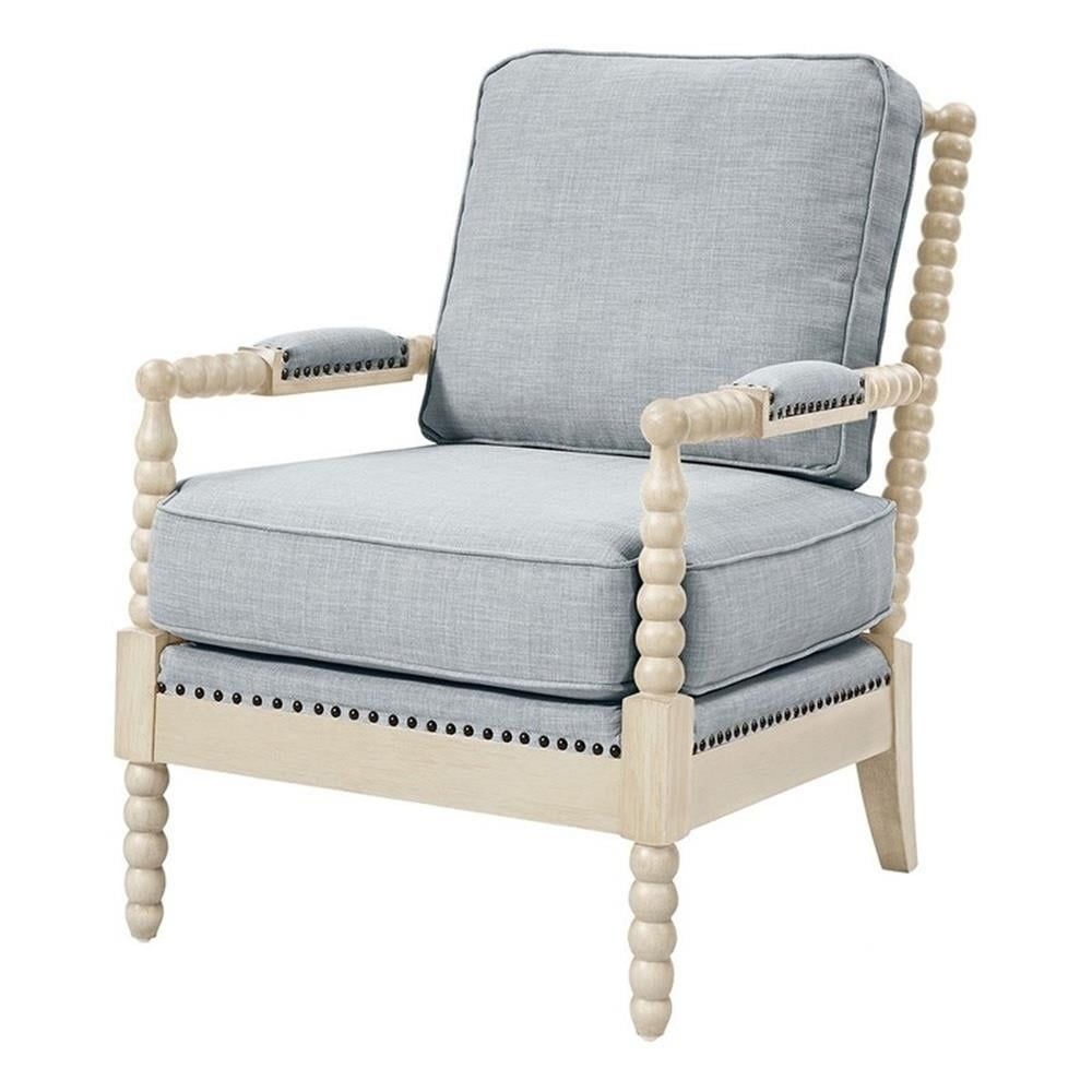 Light Blue and Antique Cream Wood Barrel Accent Chair