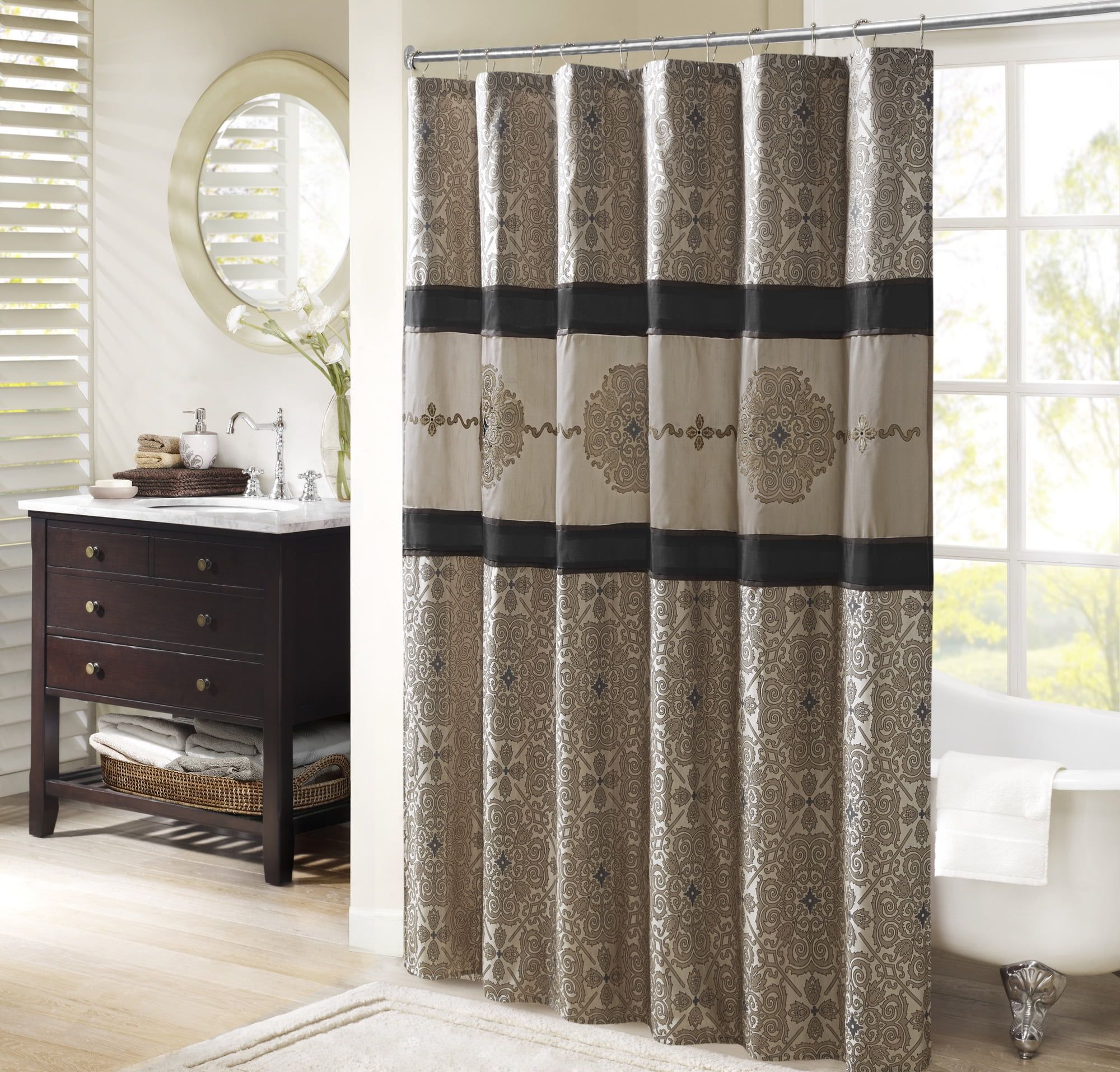 Donovan Black and Beige Embroidered Fabric Shower Curtain