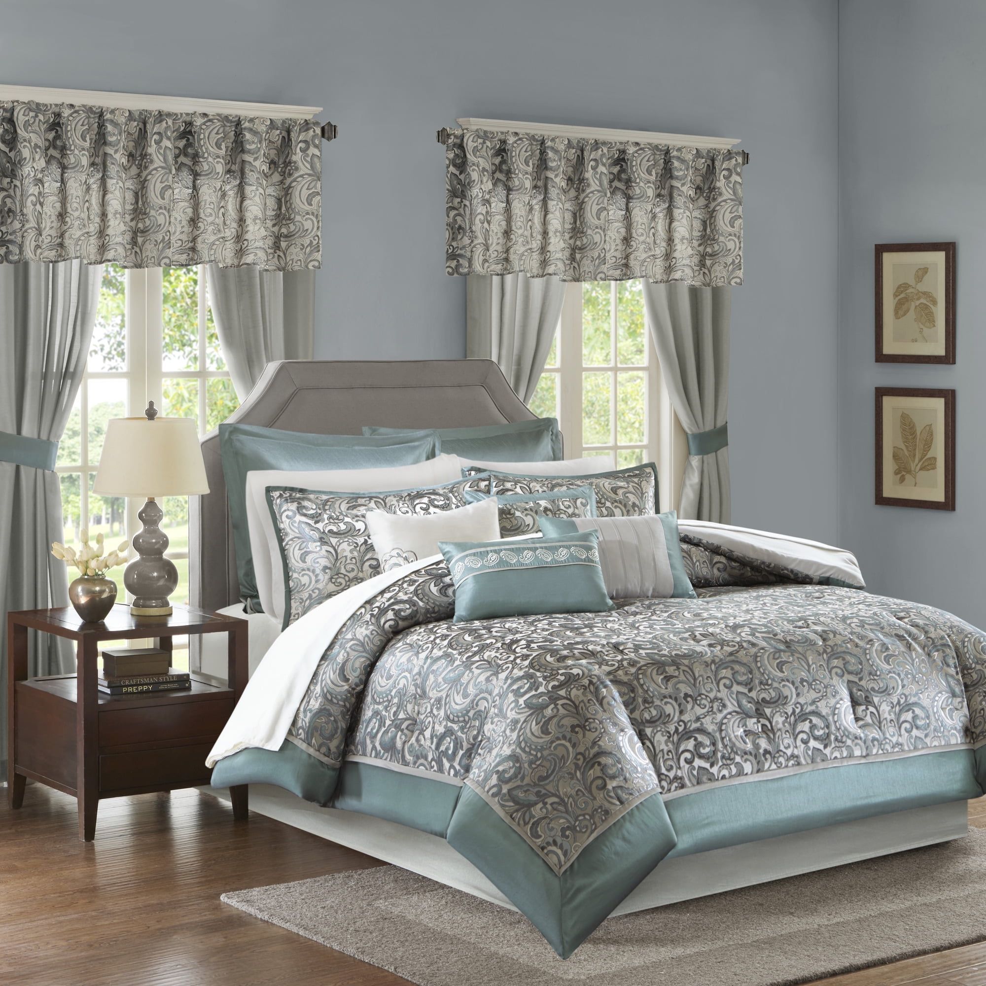 Teal and Grey Floral Motif King Microfiber Bedding Set