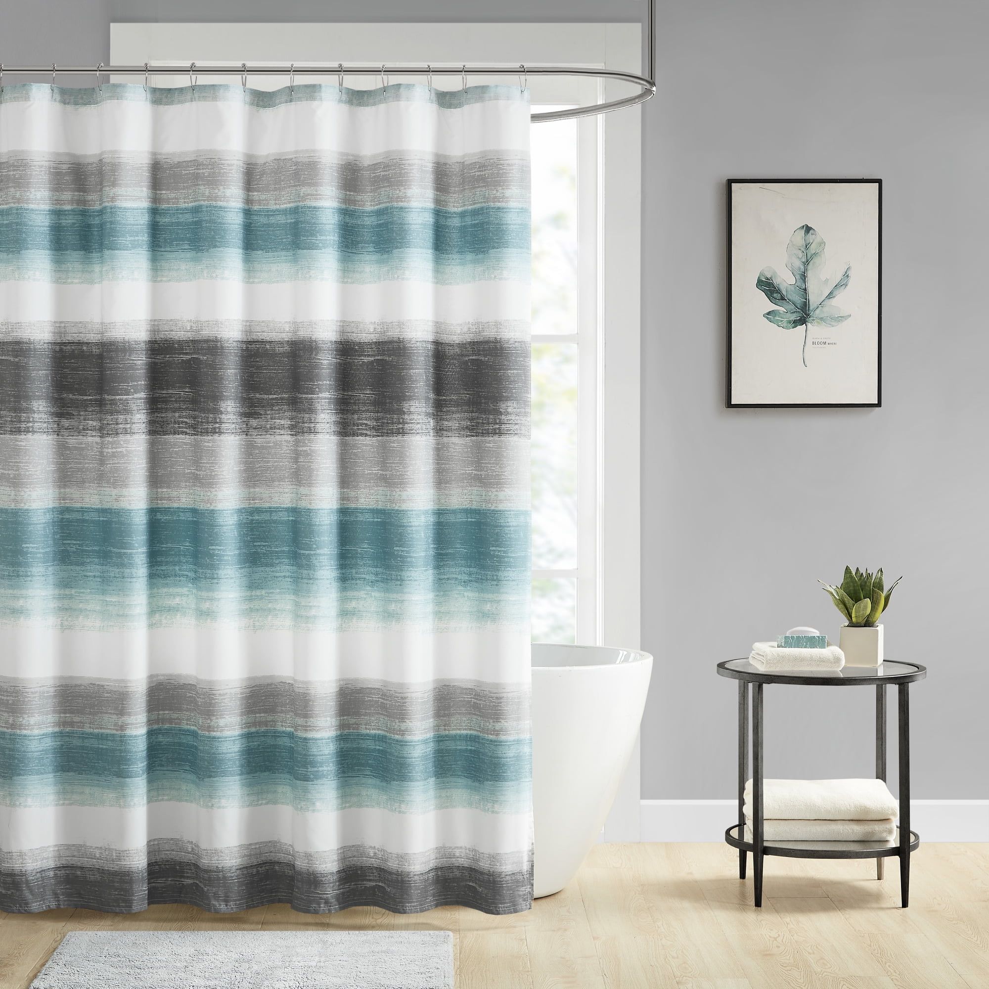 Aqua and Grey Watercolor Stripe Shower Curtain with Liner