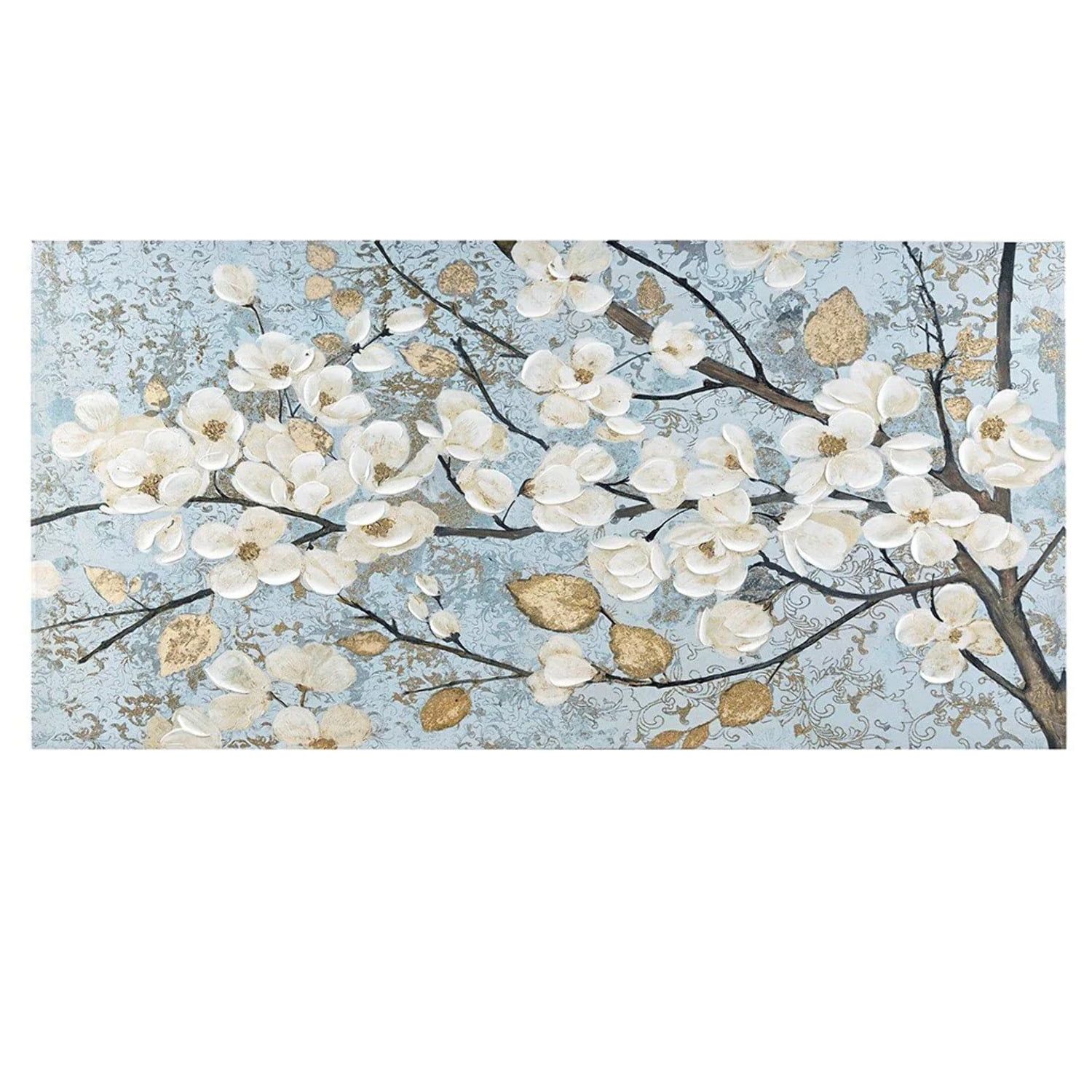 Luminous Bloom Blue and Gold Floral Canvas Art with Hand Embellishments