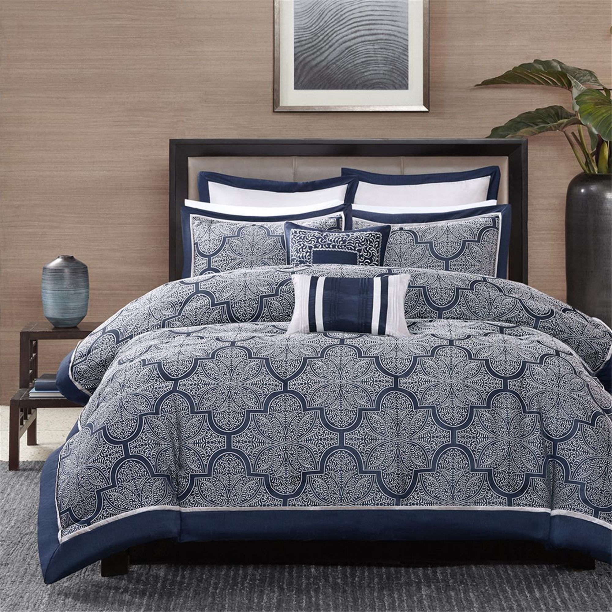 Navy Jacquard King Microfiber Comforter Set with Decorative Pillows