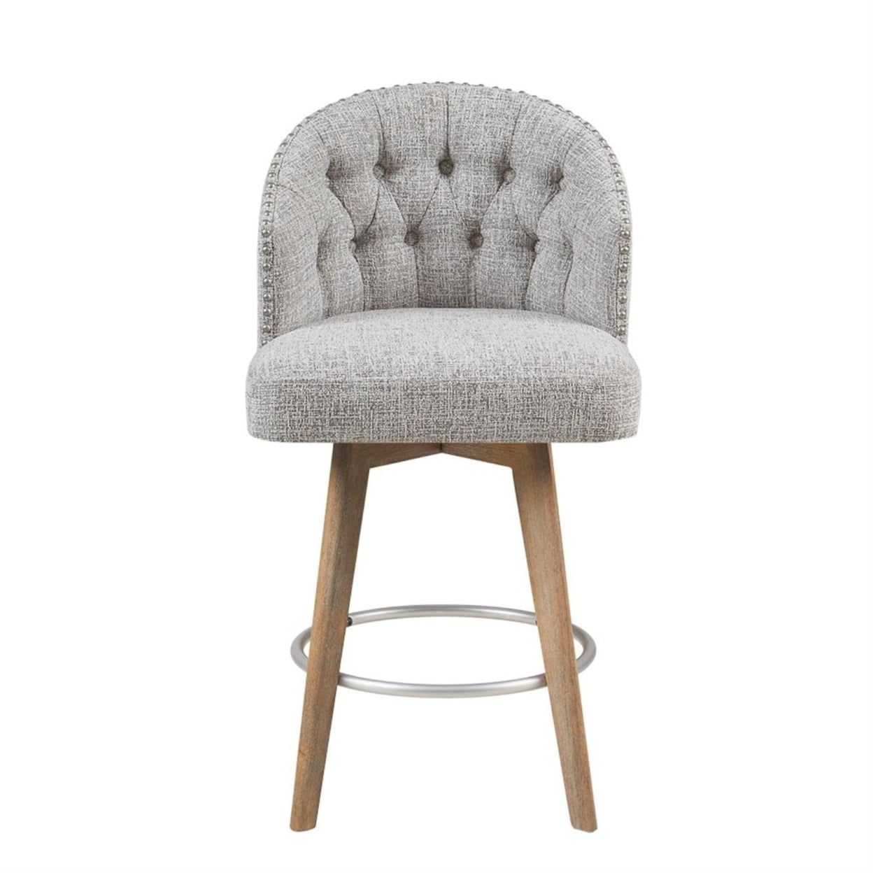 Gray Button Tufted Swivel Counter Stool with Wood Legs