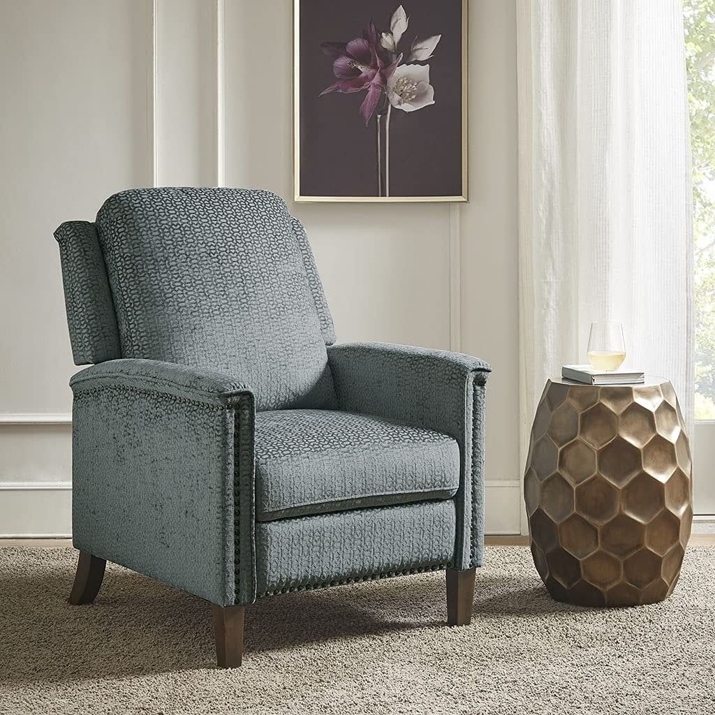 Elegant Gray Velvet Push Back Recliner with Bronze Nailhead Trim