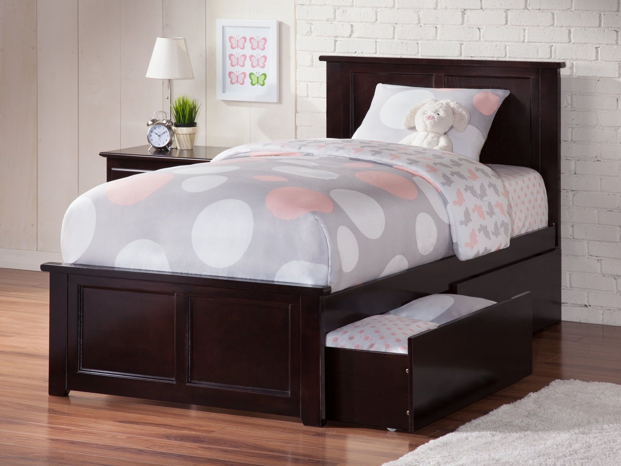 Twin Brown Wood Frame Platform Bed with Storage Drawers