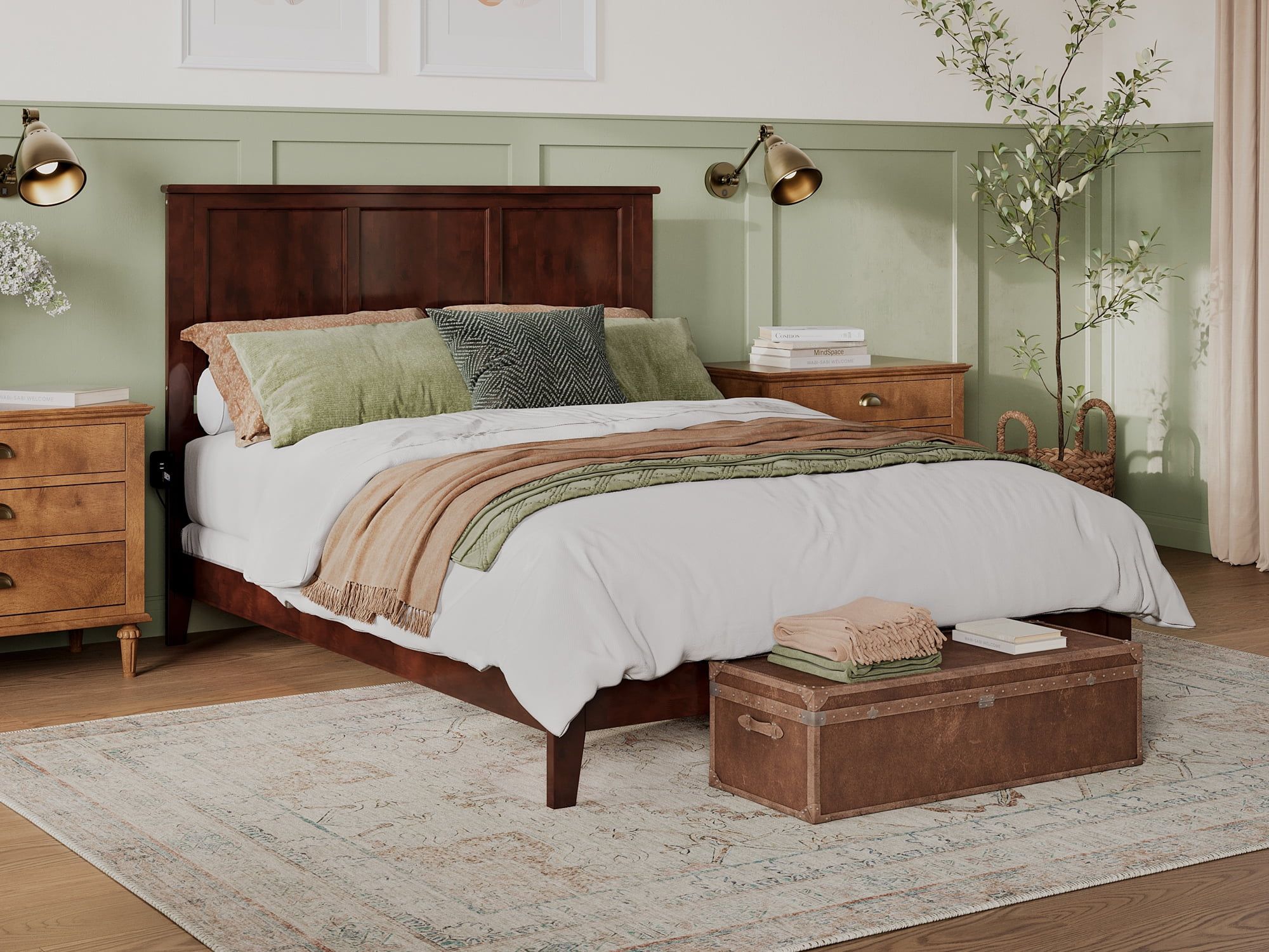 Madison Queen Walnut Upholstered Platform Bed with Storage Drawer