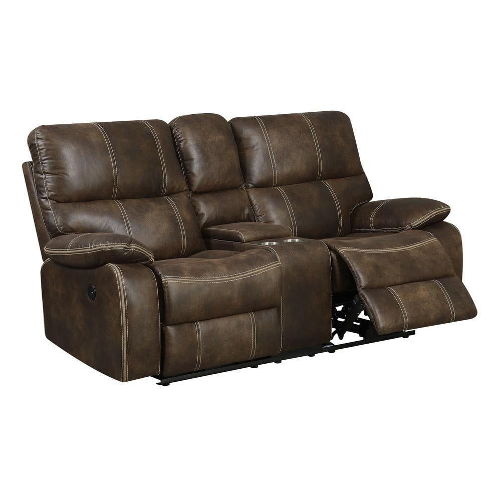 Brown Leather Power Reclining Loveseat with USB Port