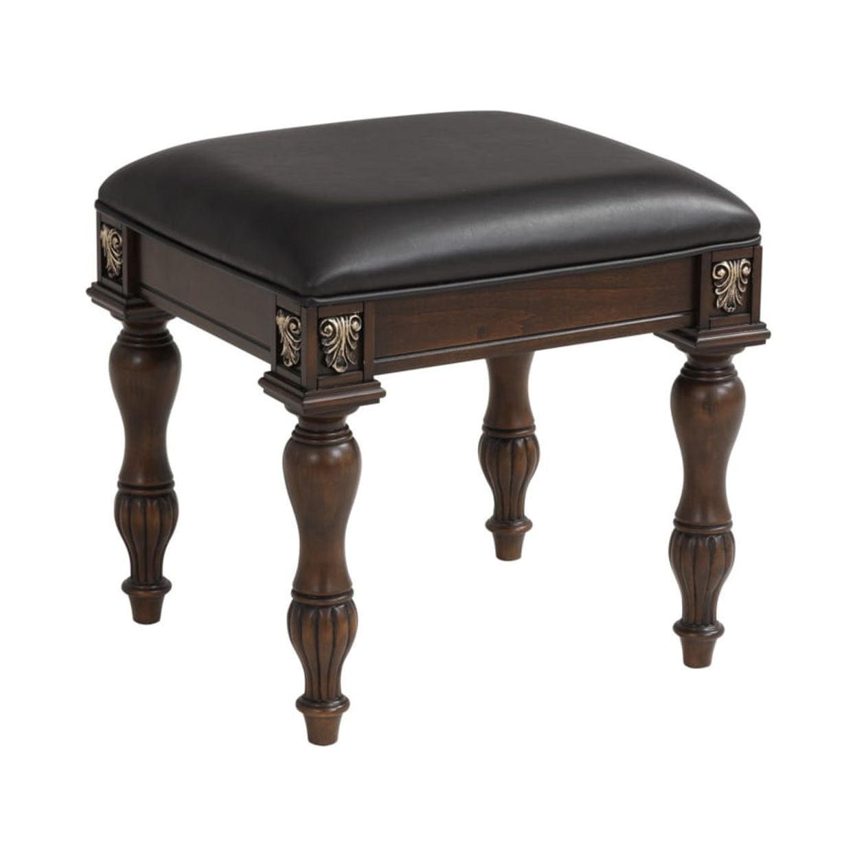 Espresso Brown Upholstered Vanity Stool with Ornate Floral Trim