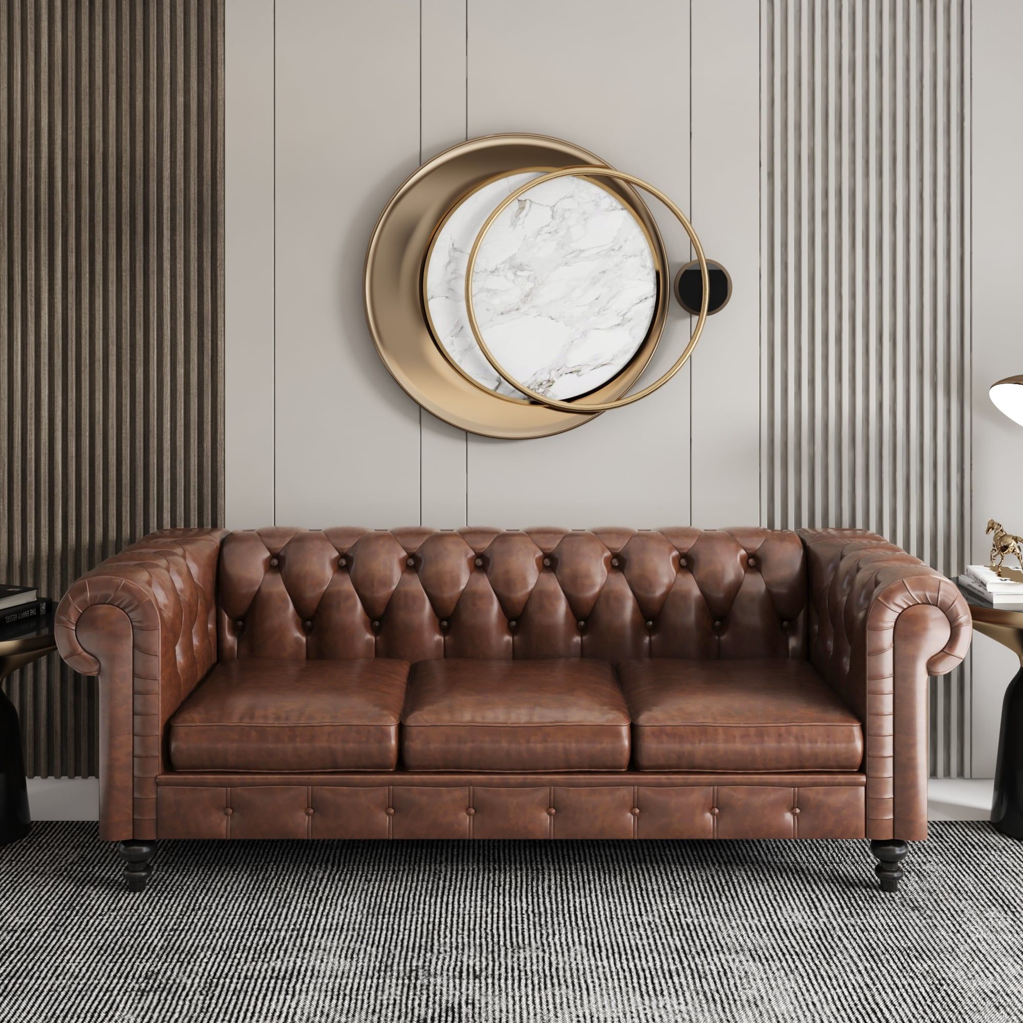 Chesterfield Tufted Cognac Brown Leather Sofa with Nailhead Trim