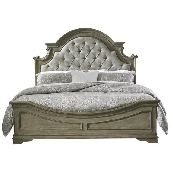 Beige and Brown Queen Upholstered Wood Panel Bed with Tufted Headboard