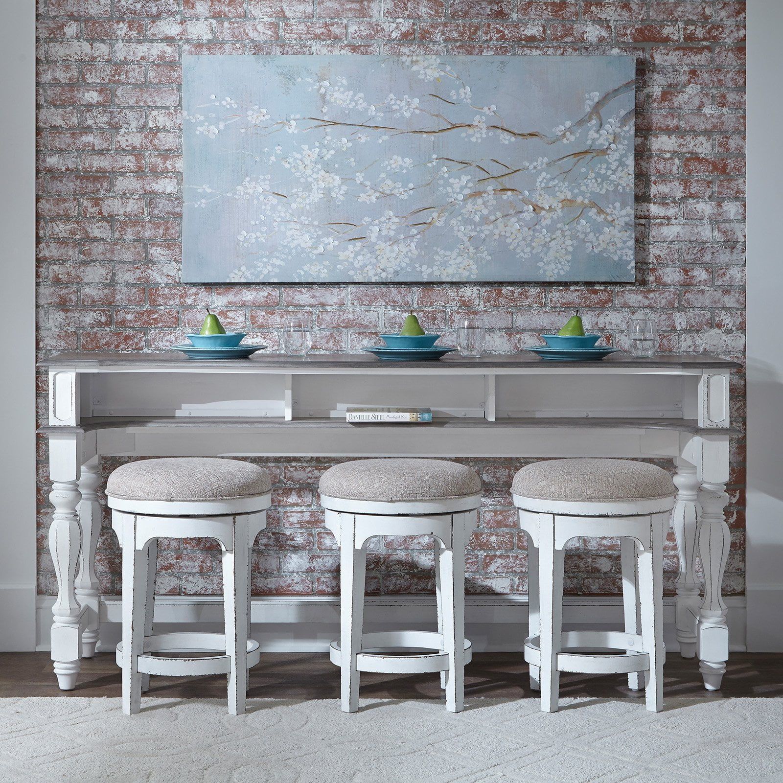 Magnolia Manor Antique White Console Bar Table with Swivel Stools Set