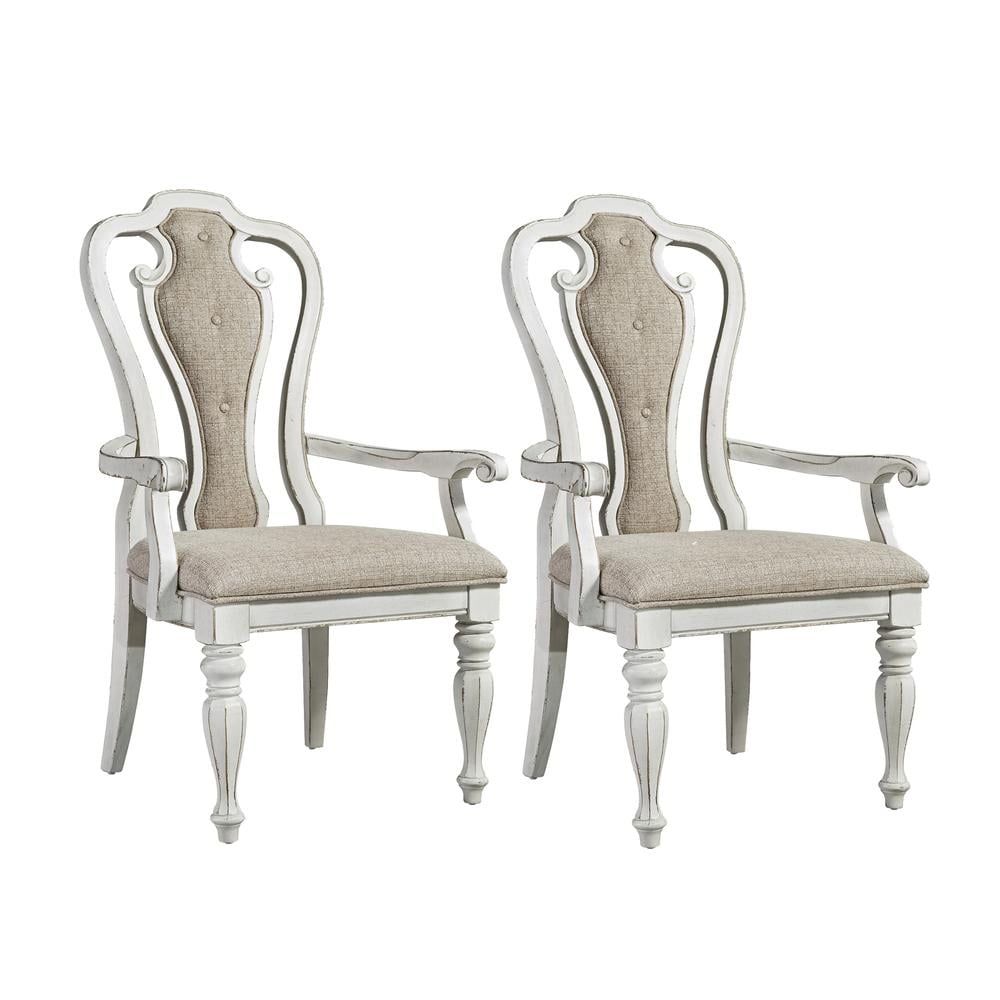 Antique White and Tan Upholstered Splat Back Arm Chairs, Set of 2