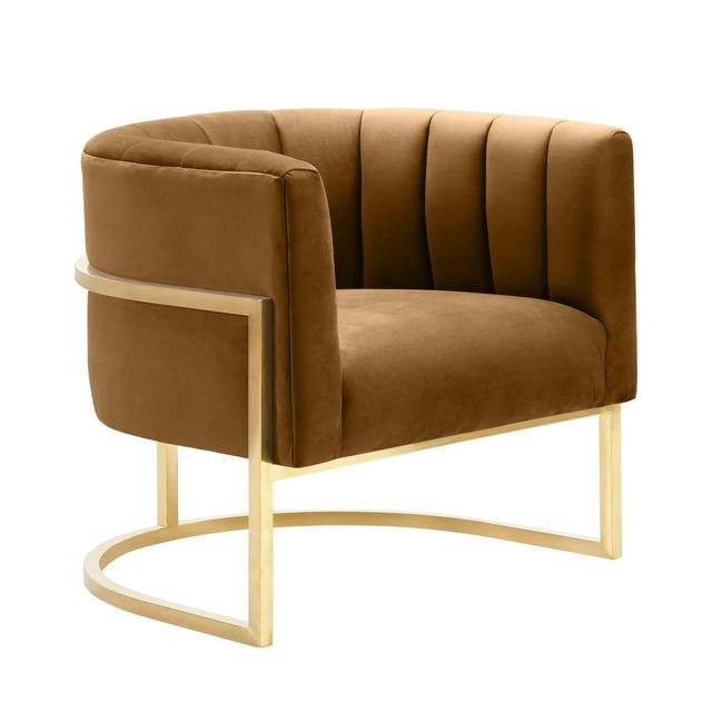 Handcrafted Cognac Velvet Barrel Accent Chair with Metal Frame
