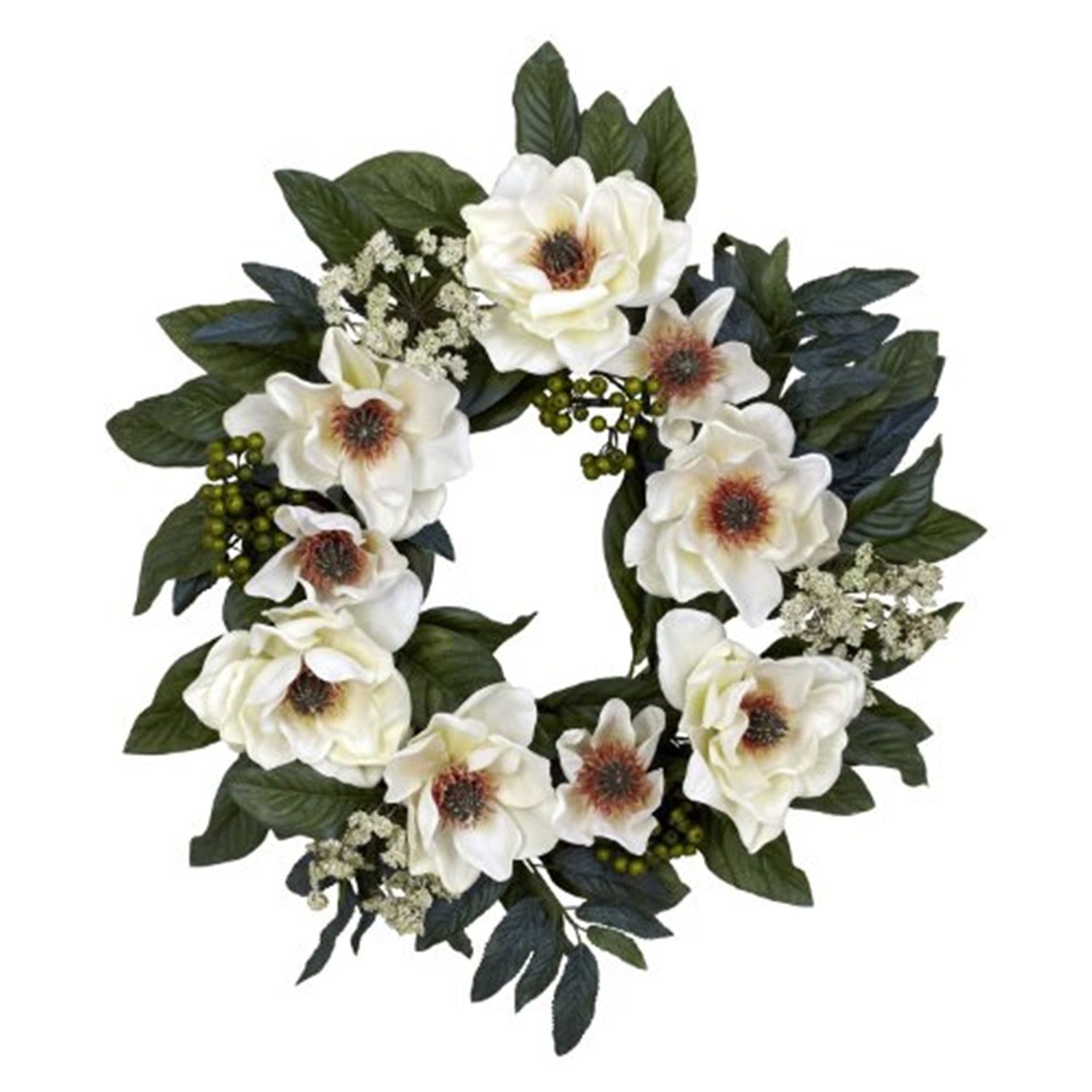 22-Inch White Magnolia Artificial Wreath with Greenery