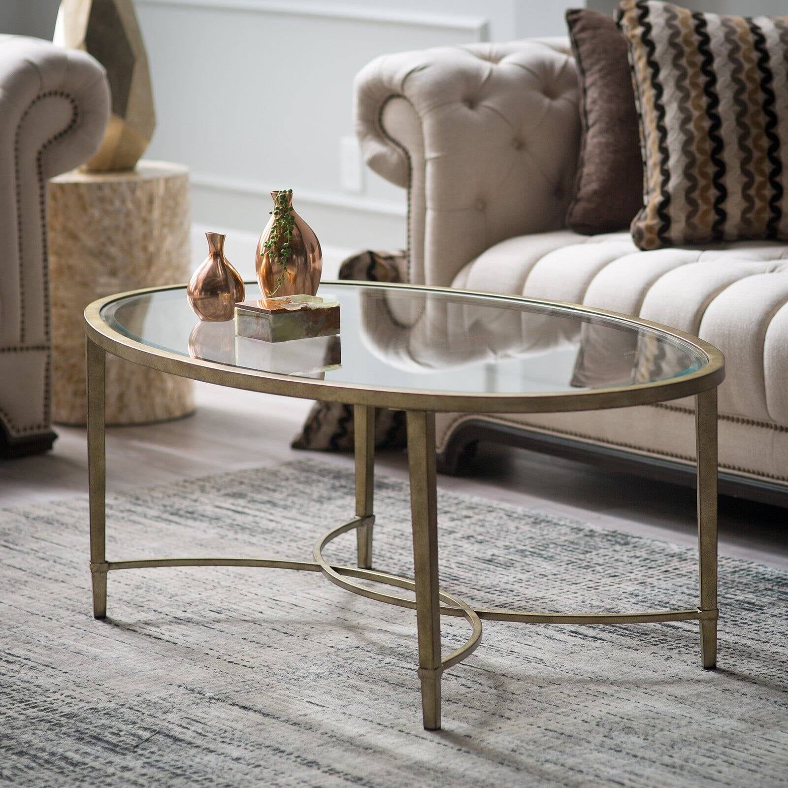 Antique Silver and Gold Oval Glass Cocktail Table