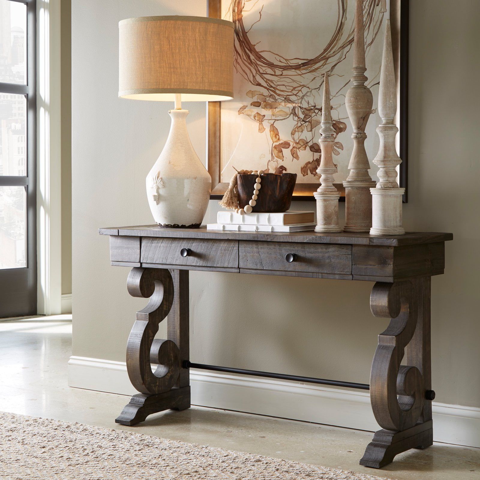 Peppercorn Brown Wood and Metal Console Table with Storage