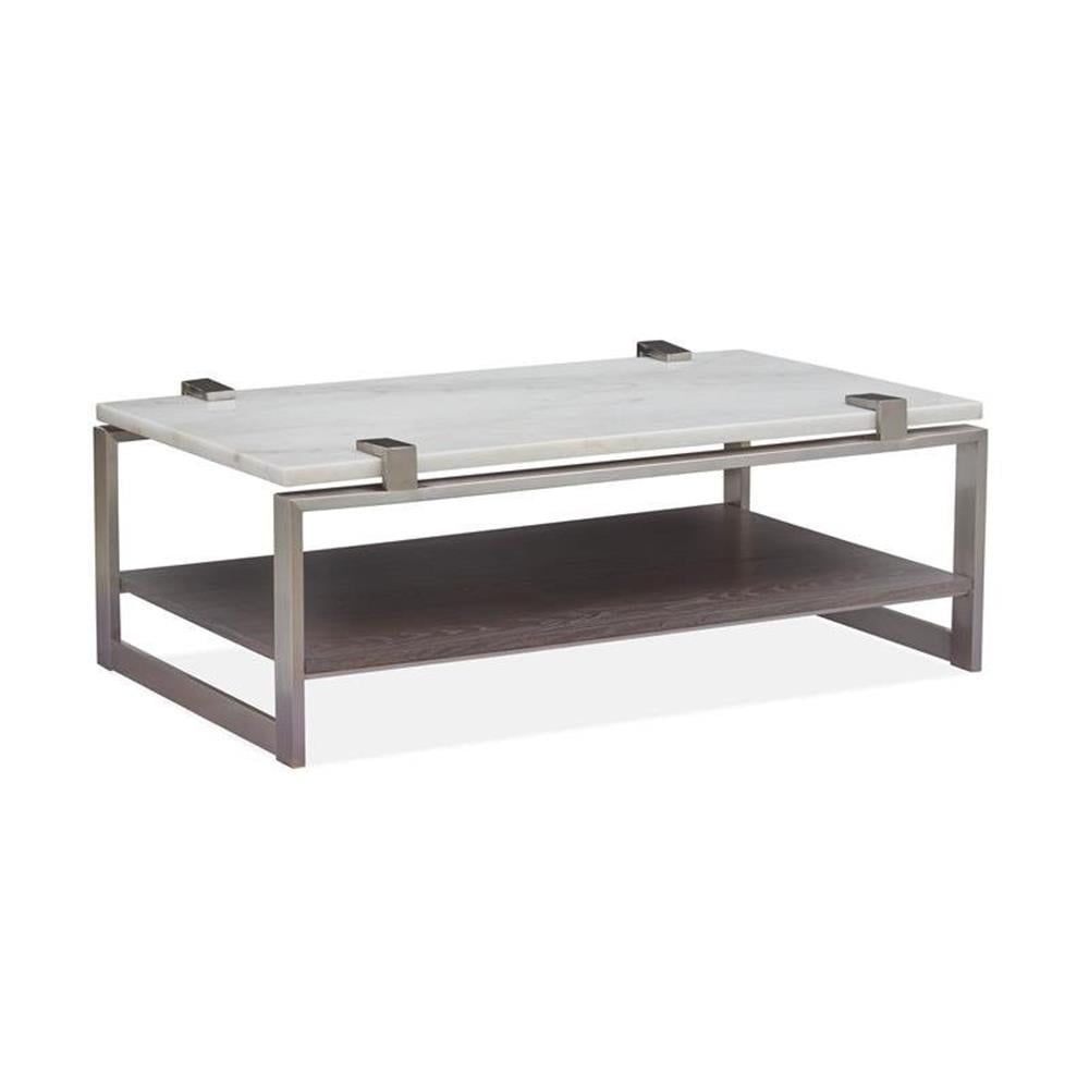 Contemporary Rectangular White Marble and Metal Cocktail Table with Storage