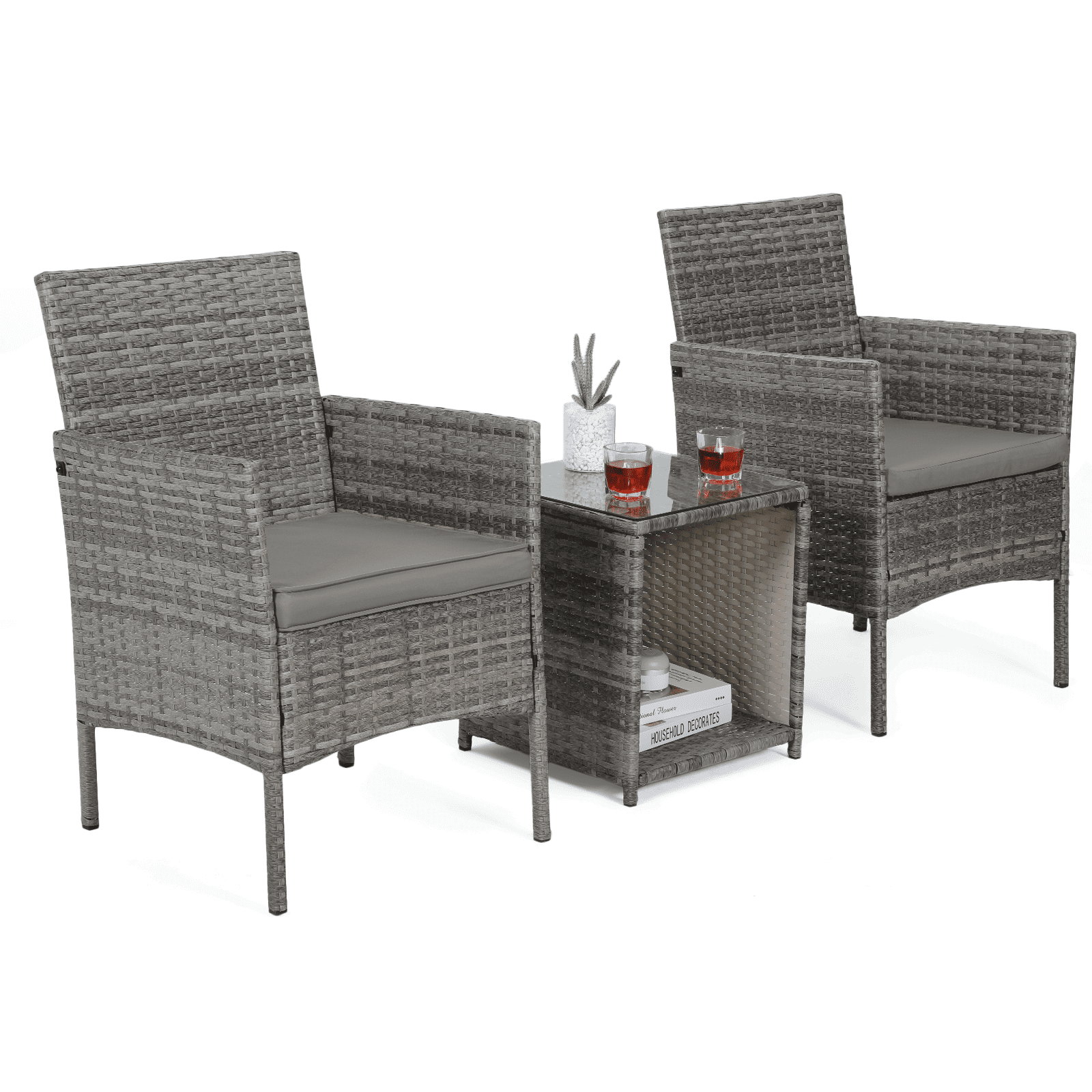 Grey 3-Piece Steel and Rattan Patio Conversation Set