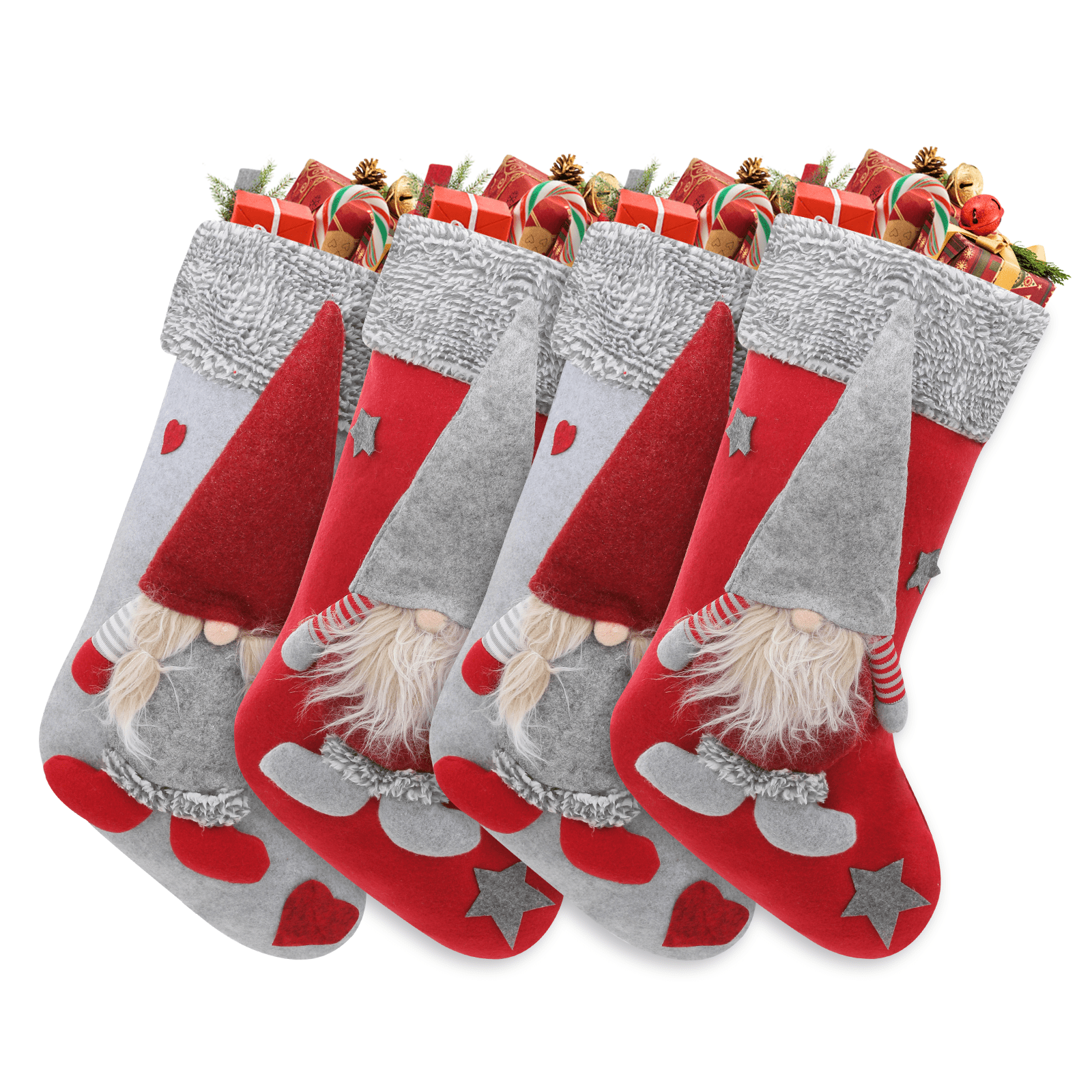 Set of 4 Red and Gray 3D Santa Christmas Stockings with Faux Fur Cuff