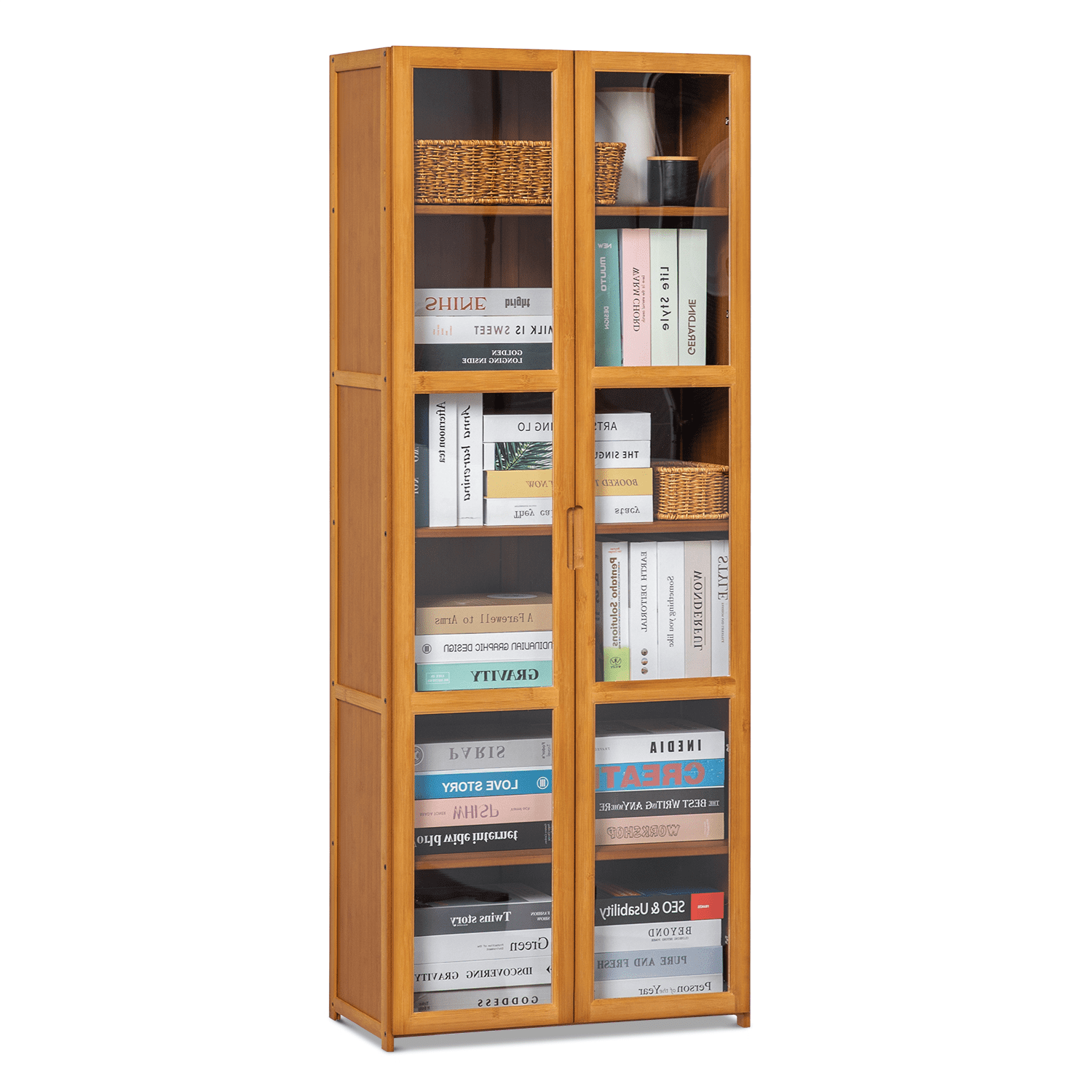 Bamboo 6-Shelf Brown Bookcase with Acrylic Doors