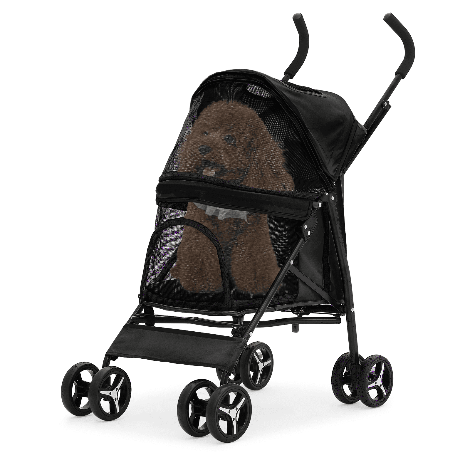 Black Foldable Pet Stroller with Mesh Window and Storage