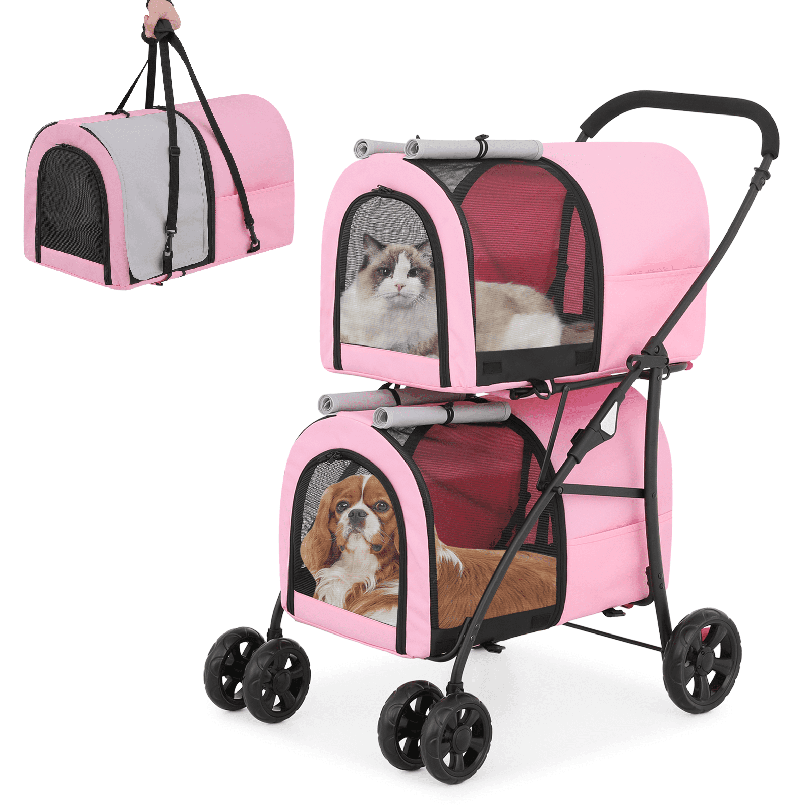 Pink and Gray 4-in-1 Folding Double Pet Stroller for Small to Medium Dogs and Cats