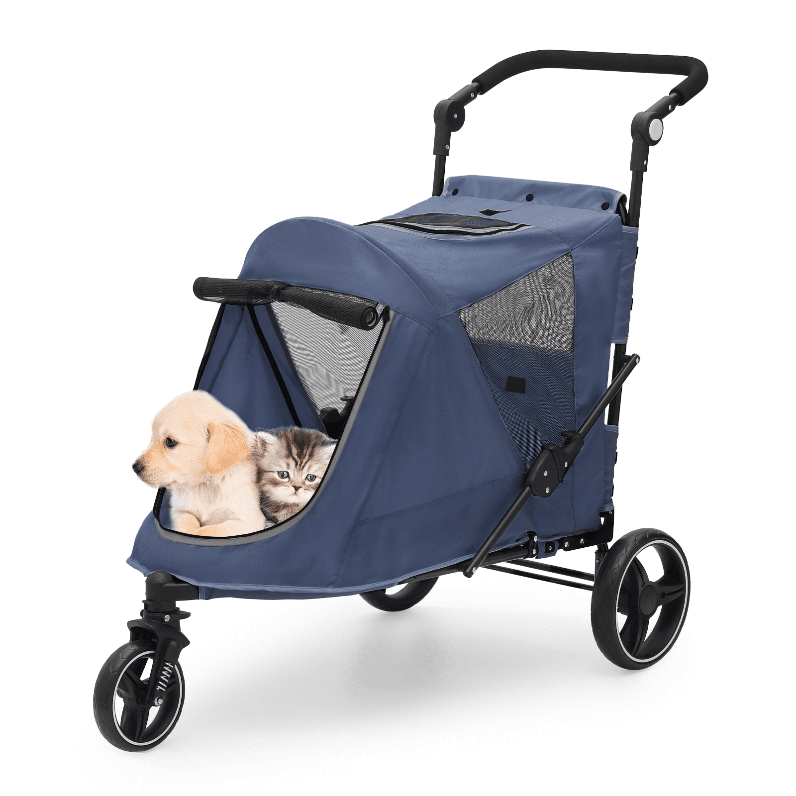 Navy Blue Foldable Pet Stroller with Adjustable Handle