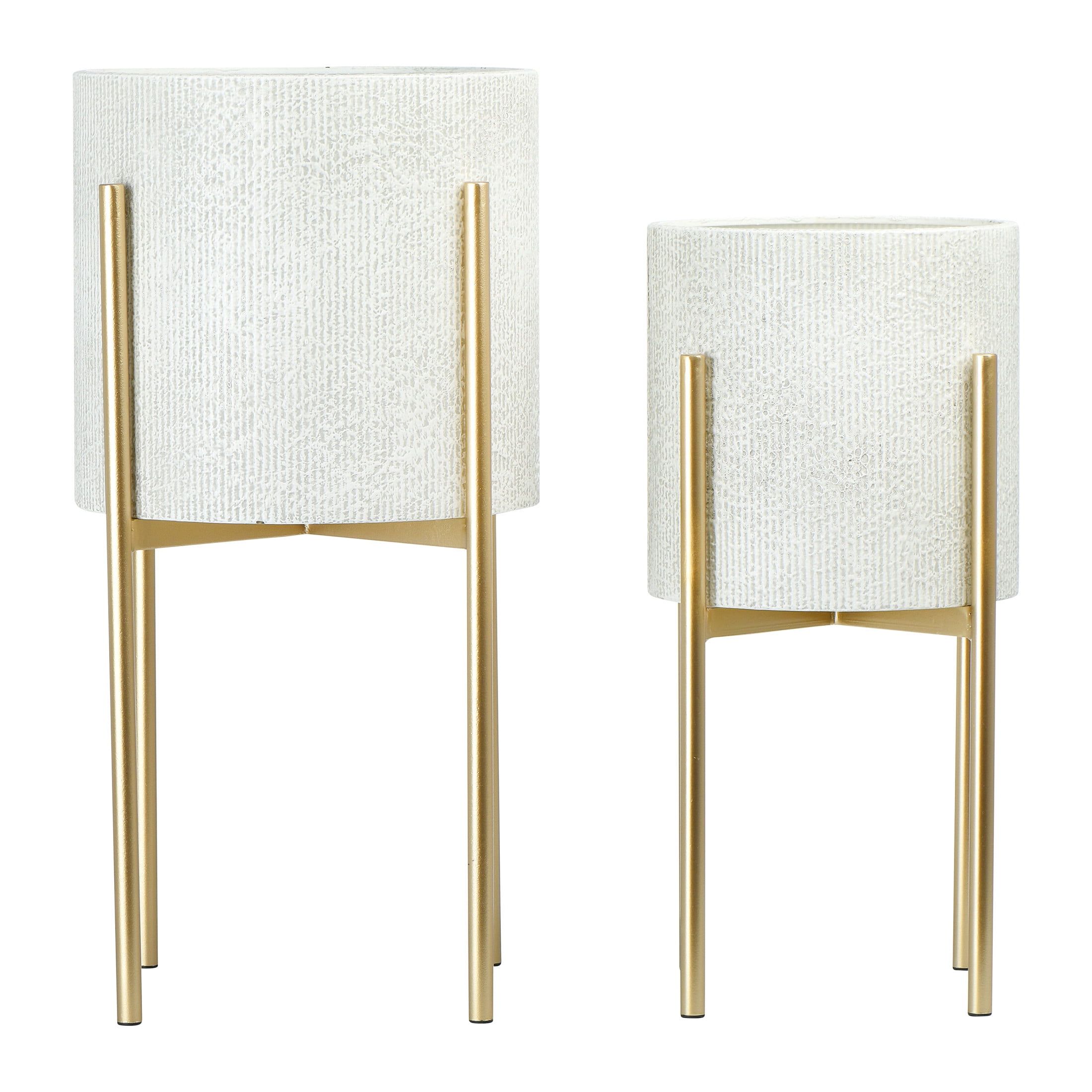 White and Gold Embossed Metal Planters with Stands, Set of 2