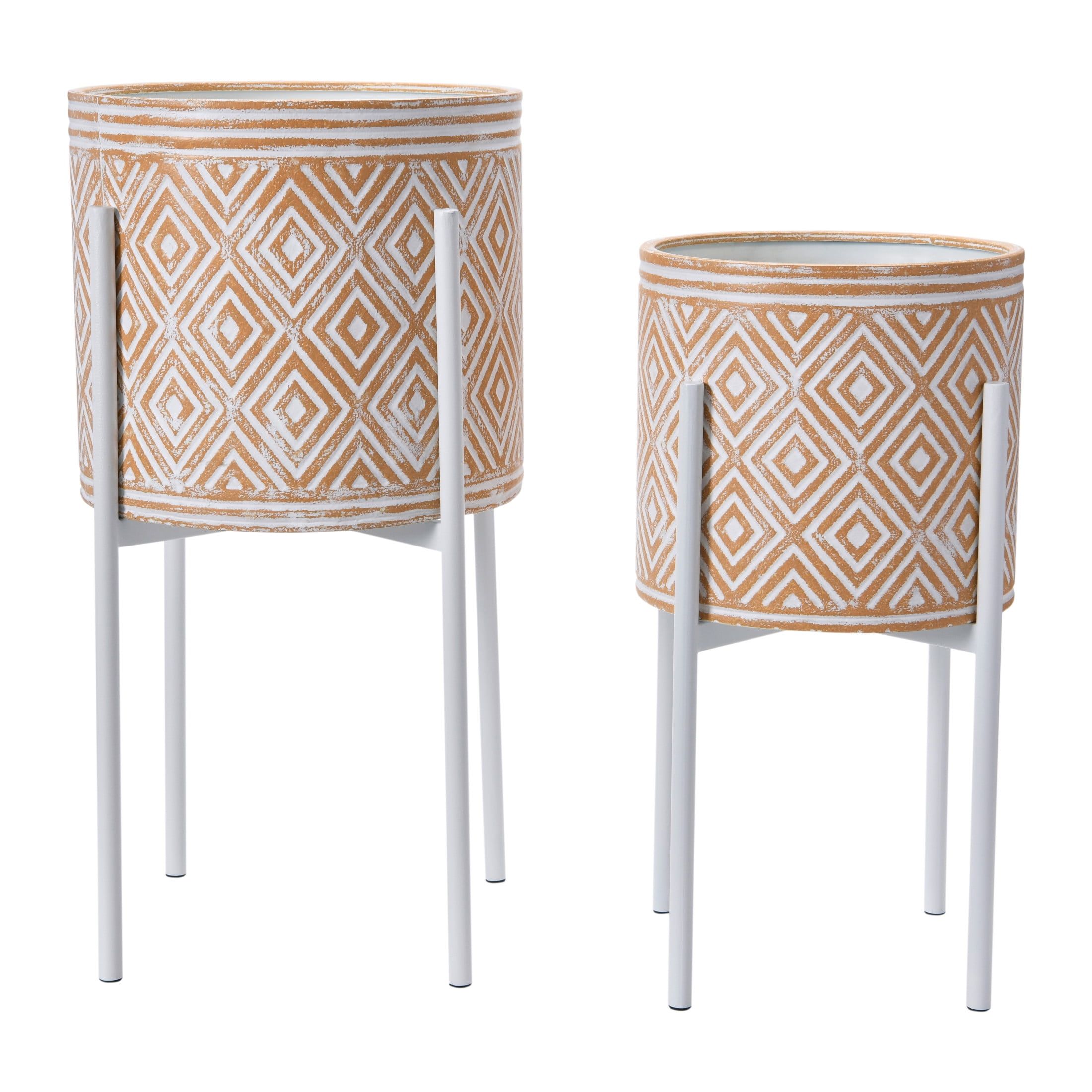 Terracotta and White Embossed Metal Planters with Stands, Set of 2