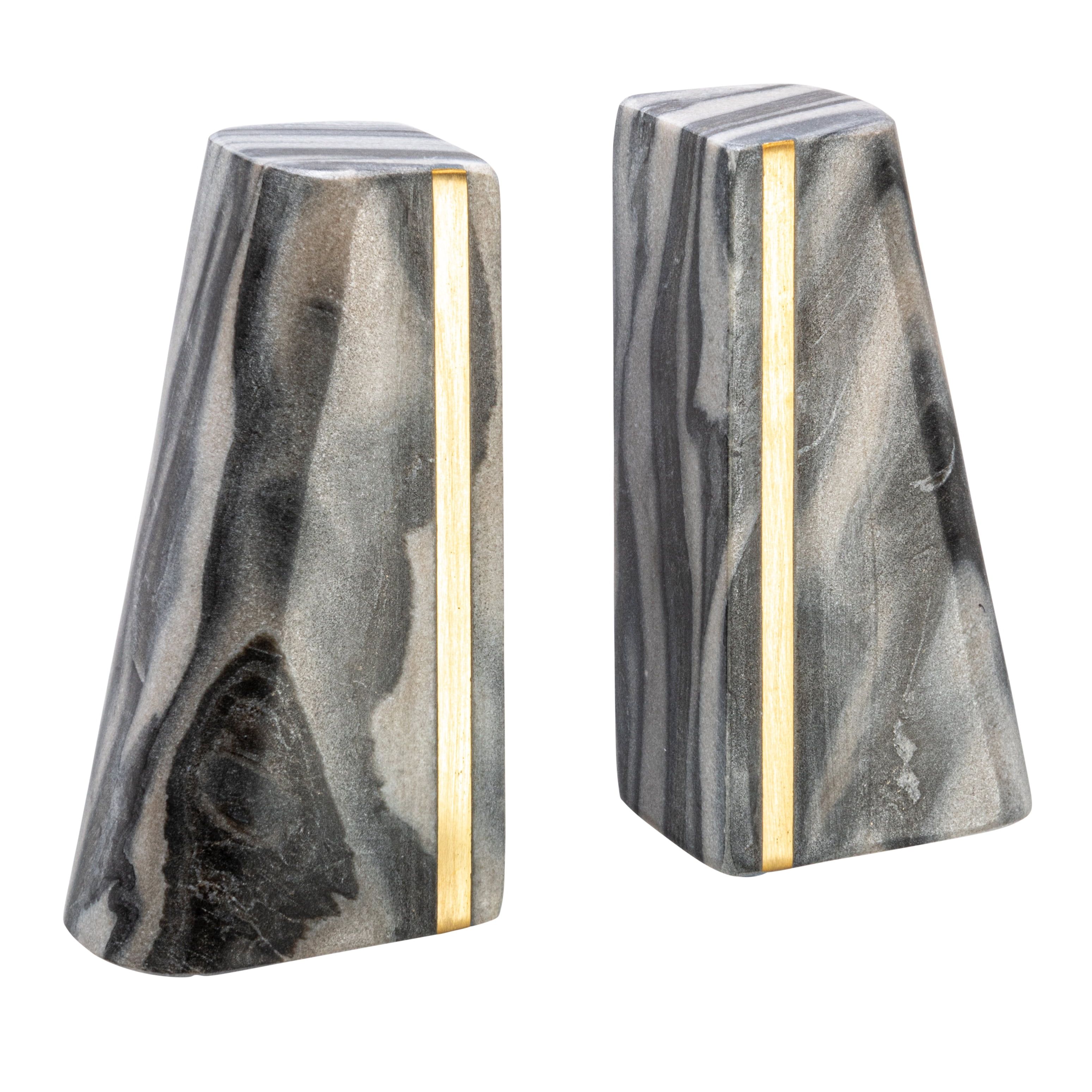 Gray Marble and Brass Modern Bookends, Set of 2